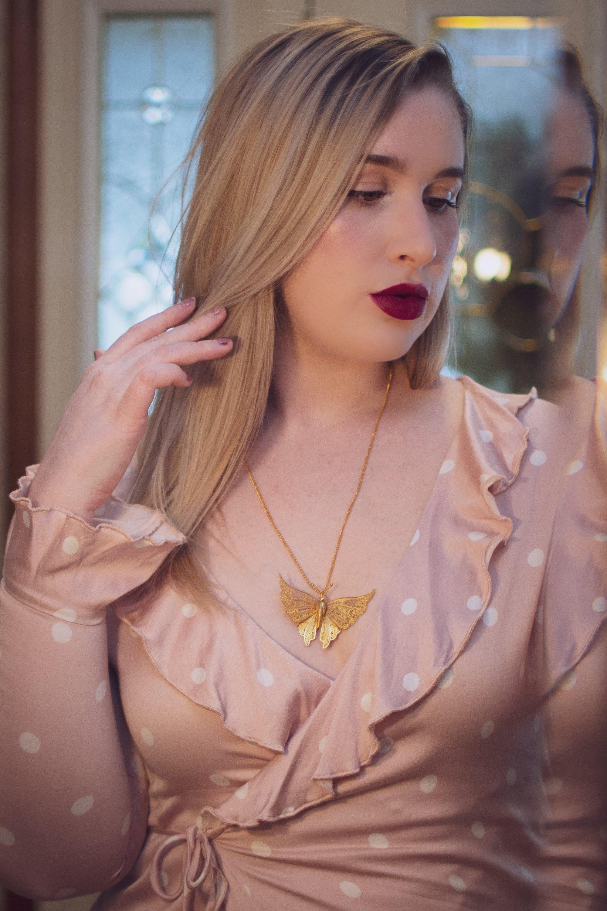 Vintage 1970s Gold Filigree Butterfly Statement Necklace, Pendant, Brooch, Gold Tone Setting, Brooches and Pins, Slide Lock Clasp by 1970s - Vintage Meet Modern Vintage Jewelry - Chicago, Illinois - #oldhollywoodglamour #vintagemeetmodern #designervintage #jewelrybox #antiquejewelry #vintagejewelry