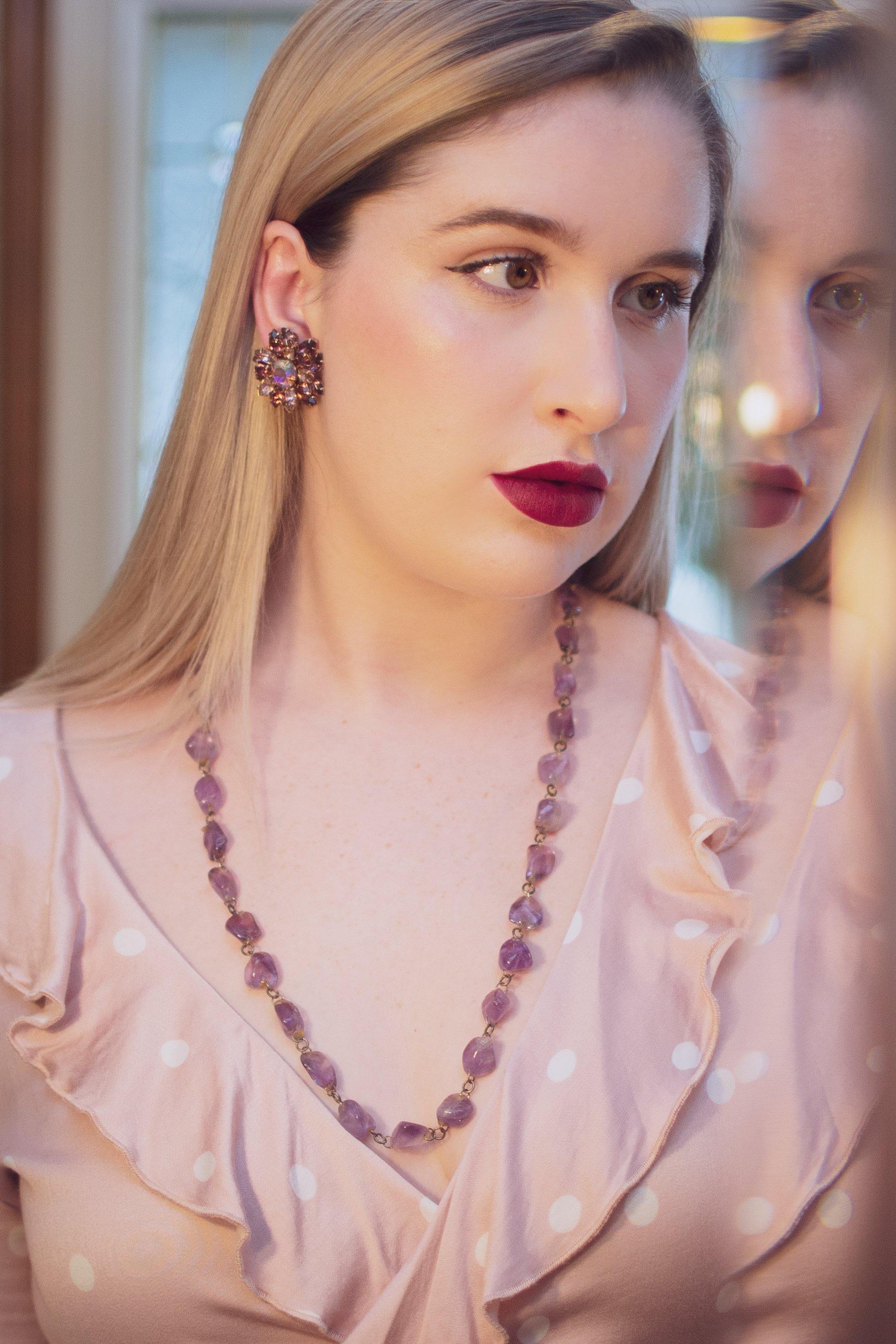 Vintage Art Deco Genuine Tumbled Amethyst Gemstone Necklace by 1930s - Vintage Meet Modern Vintage Jewelry - Chicago, Illinois - #oldhollywoodglamour #vintagemeetmodern #designervintage #jewelrybox #antiquejewelry #vintagejewelry