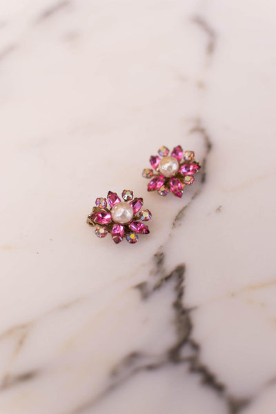 Pink Rhinestone and Pearl Flower Earrings by 1950s - Vintage Meet Modern Vintage Jewelry - Chicago, Illinois - #oldhollywoodglamour #vintagemeetmodern #designervintage #jewelrybox #antiquejewelry #vintagejewelry