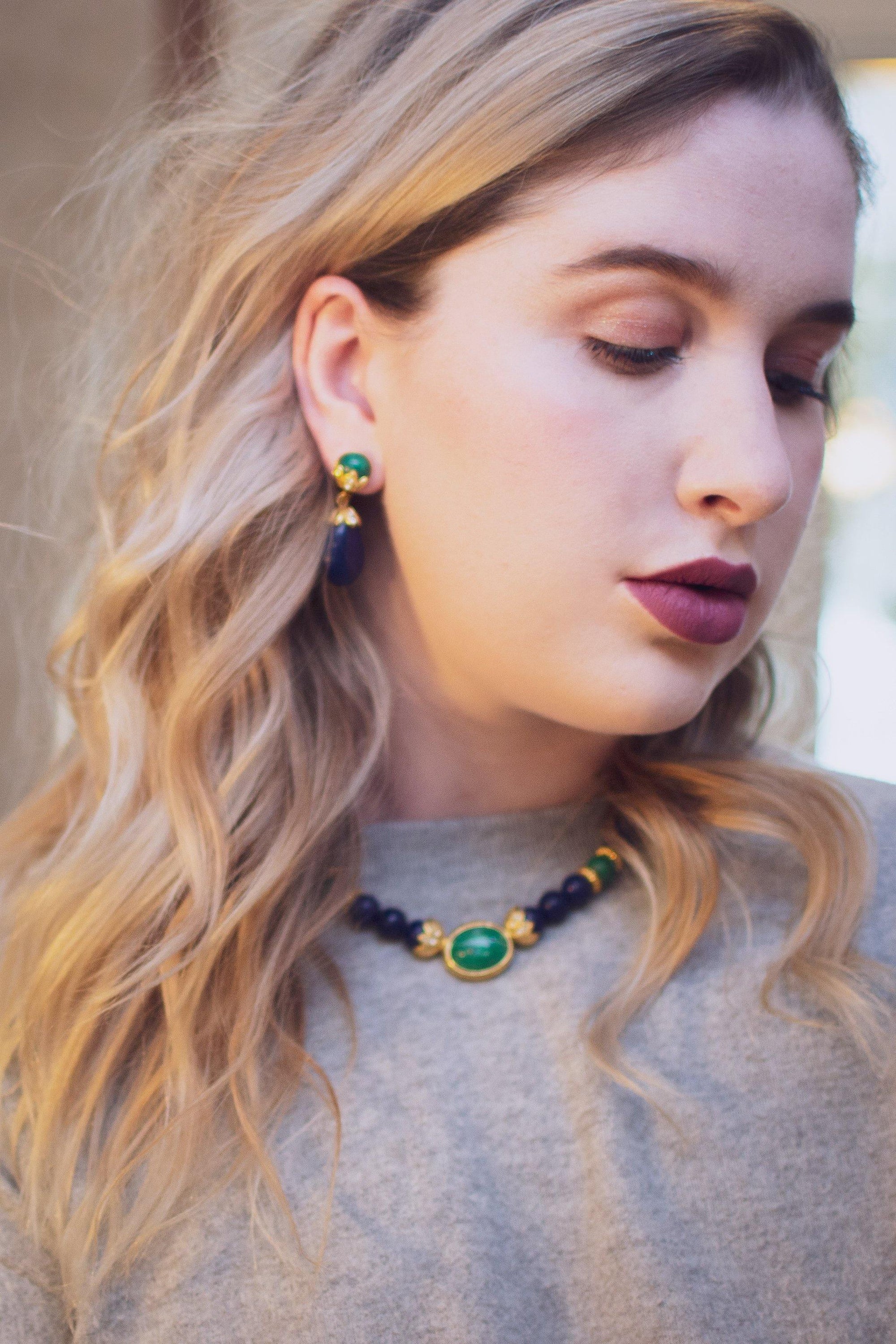 Vintage Lapis Bead and Emerald Lucite Beaded Statement Necklace by 1980s - Vintage Meet Modern Vintage Jewelry - Chicago, Illinois - #oldhollywoodglamour #vintagemeetmodern #designervintage #jewelrybox #antiquejewelry #vintagejewelry