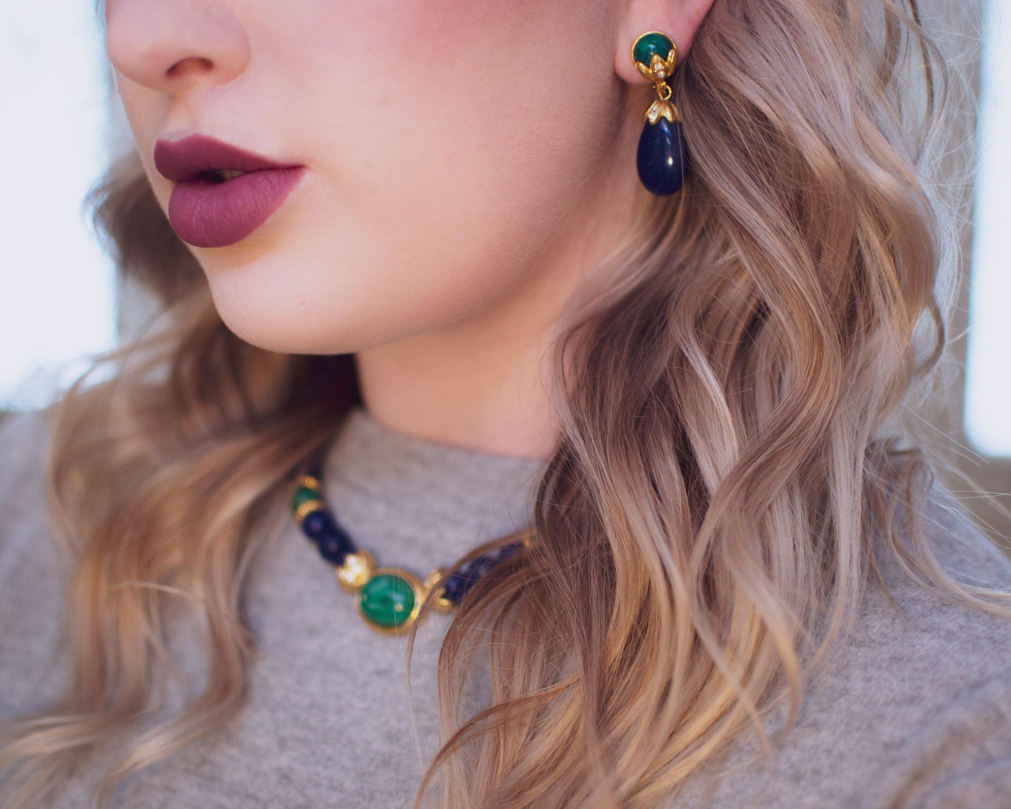 Vintage Lapis Lucite and Speckled Jade Drop Earrings by 1980s - Vintage Meet Modern Vintage Jewelry - Chicago, Illinois - #oldhollywoodglamour #vintagemeetmodern #designervintage #jewelrybox #antiquejewelry #vintagejewelry