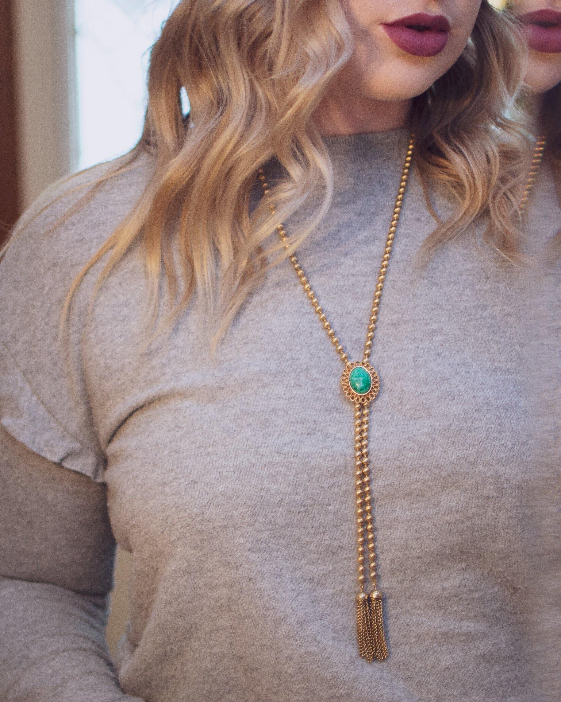 Vintage Avon Necklace Faux Jade Green Cabochon Tassel Lariat Necklace by 1960s - Vintage Meet Modern Vintage Jewelry - Chicago, Illinois - #oldhollywoodglamour #vintagemeetmodern #designervintage #jewelrybox #antiquejewelry #vintagejewelry