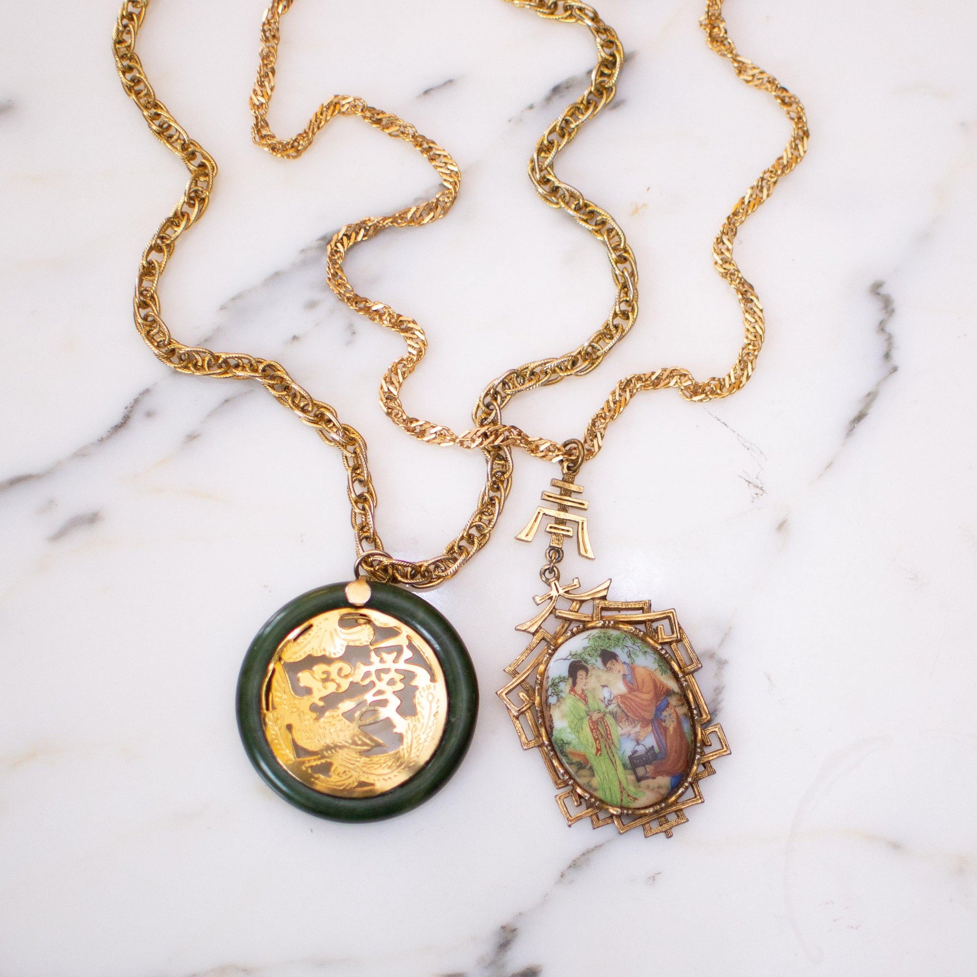 Vintage Hand Painted Asian Picture on Pendant Necklace by 1960s - Vintage Meet Modern Vintage Jewelry - Chicago, Illinois - #oldhollywoodglamour #vintagemeetmodern #designervintage #jewelrybox #antiquejewelry #vintagejewelry