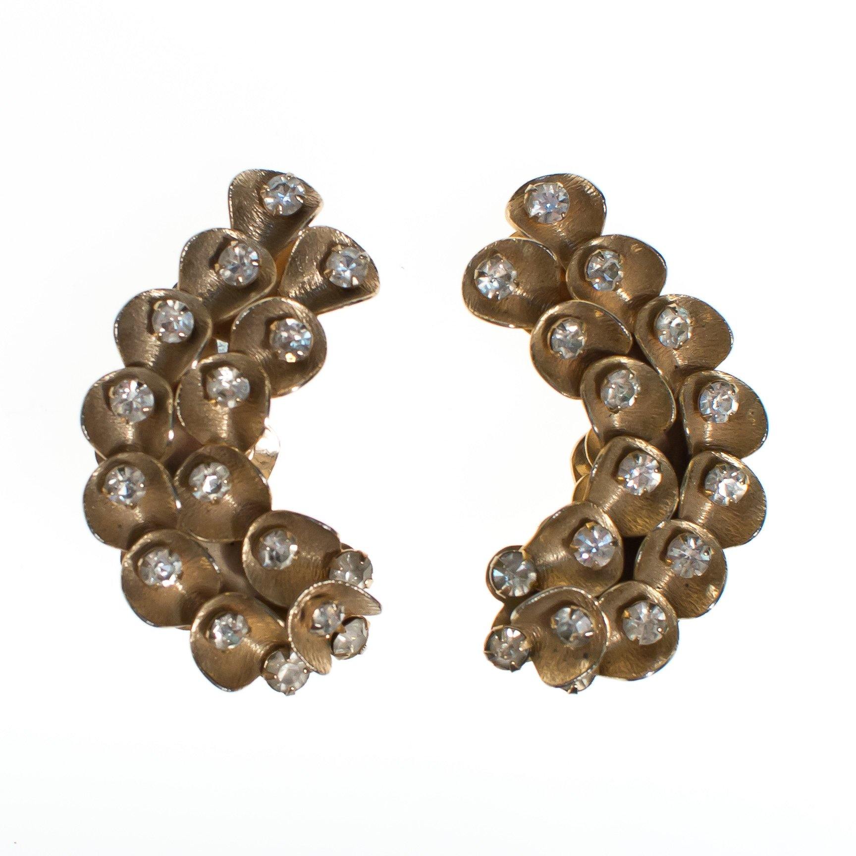 Vintage Gold Wave and Rhinestone Ear Crawler Statement Earrings, Clip On by 1960s - Vintage Meet Modern Vintage Jewelry - Chicago, Illinois - #oldhollywoodglamour #vintagemeetmodern #designervintage #jewelrybox #antiquejewelry #vintagejewelry