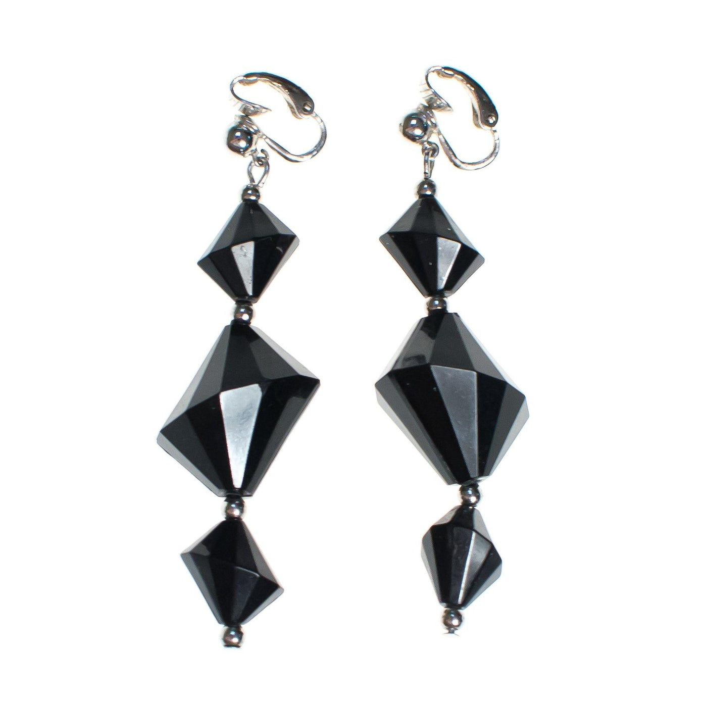 Vintage Silver and Black Crown Geometric Trifari Dangle Statement Earrings, Clip on