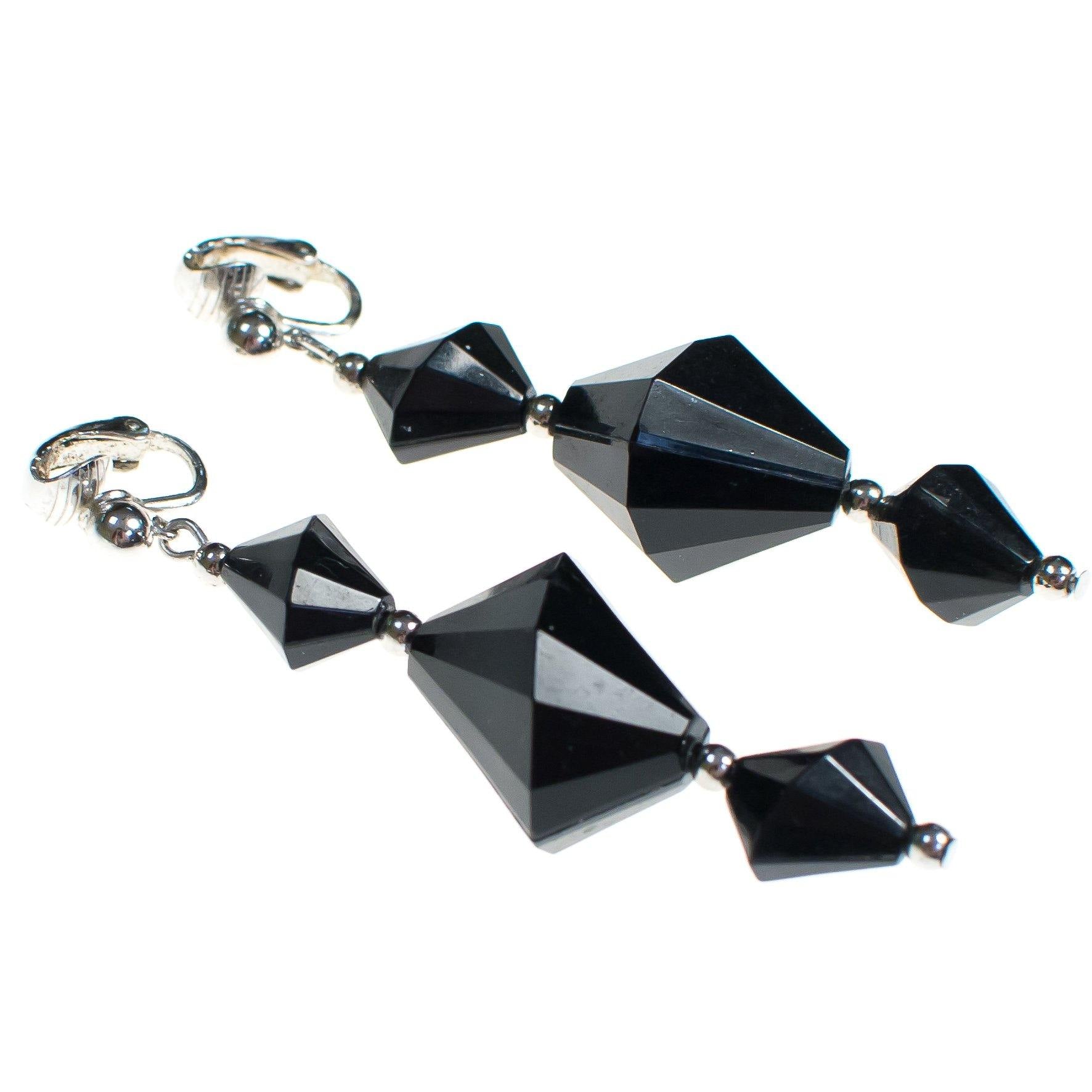 Vintage Silver and Black Crown Geometric Trifari Dangle Statement Earrings, Clip on by Crown Trifari - Vintage Meet Modern Vintage Jewelry - Chicago, Illinois - #oldhollywoodglamour #vintagemeetmodern #designervintage #jewelrybox #antiquejewelry #vintagejewelry
