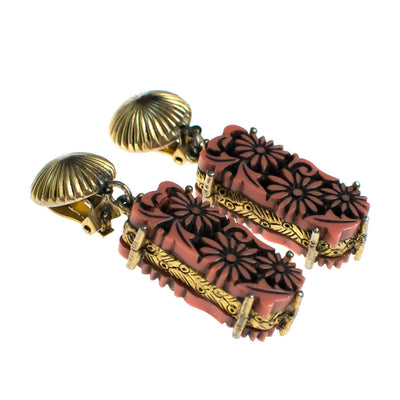 Vintage Lucite Coral Carved Daisy Statement Earrings By Selro by Selro - Vintage Meet Modern Vintage Jewelry - Chicago, Illinois - #oldhollywoodglamour #vintagemeetmodern #designervintage #jewelrybox #antiquejewelry #vintagejewelry