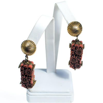 Vintage Lucite Coral Carved Daisy Statement Earrings By Selro by Selro - Vintage Meet Modern Vintage Jewelry - Chicago, Illinois - #oldhollywoodglamour #vintagemeetmodern #designervintage #jewelrybox #antiquejewelry #vintagejewelry