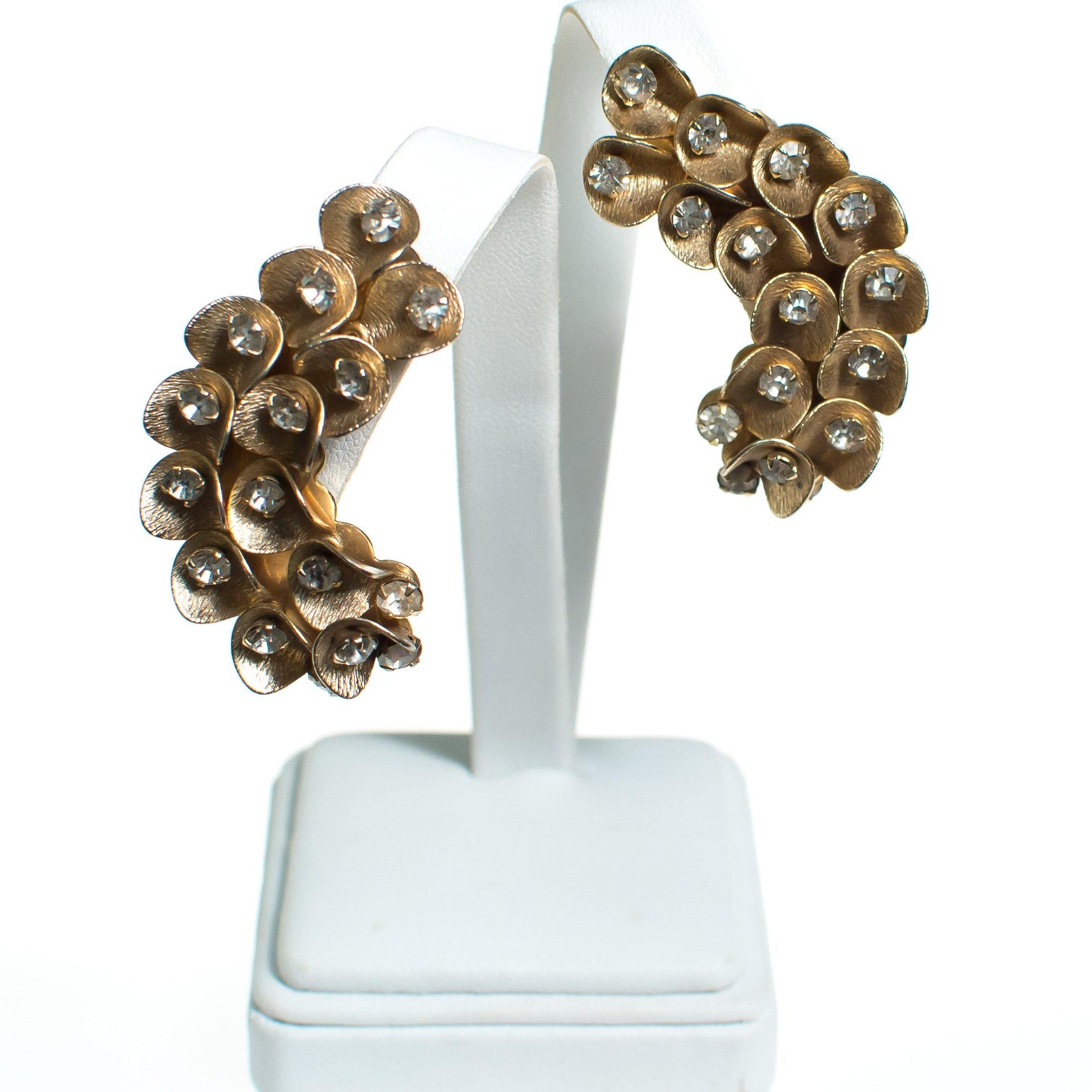Vintage Gold Wave and Rhinestone Ear Crawler Statement Earrings, Clip On by 1960s - Vintage Meet Modern Vintage Jewelry - Chicago, Illinois - #oldhollywoodglamour #vintagemeetmodern #designervintage #jewelrybox #antiquejewelry #vintagejewelry