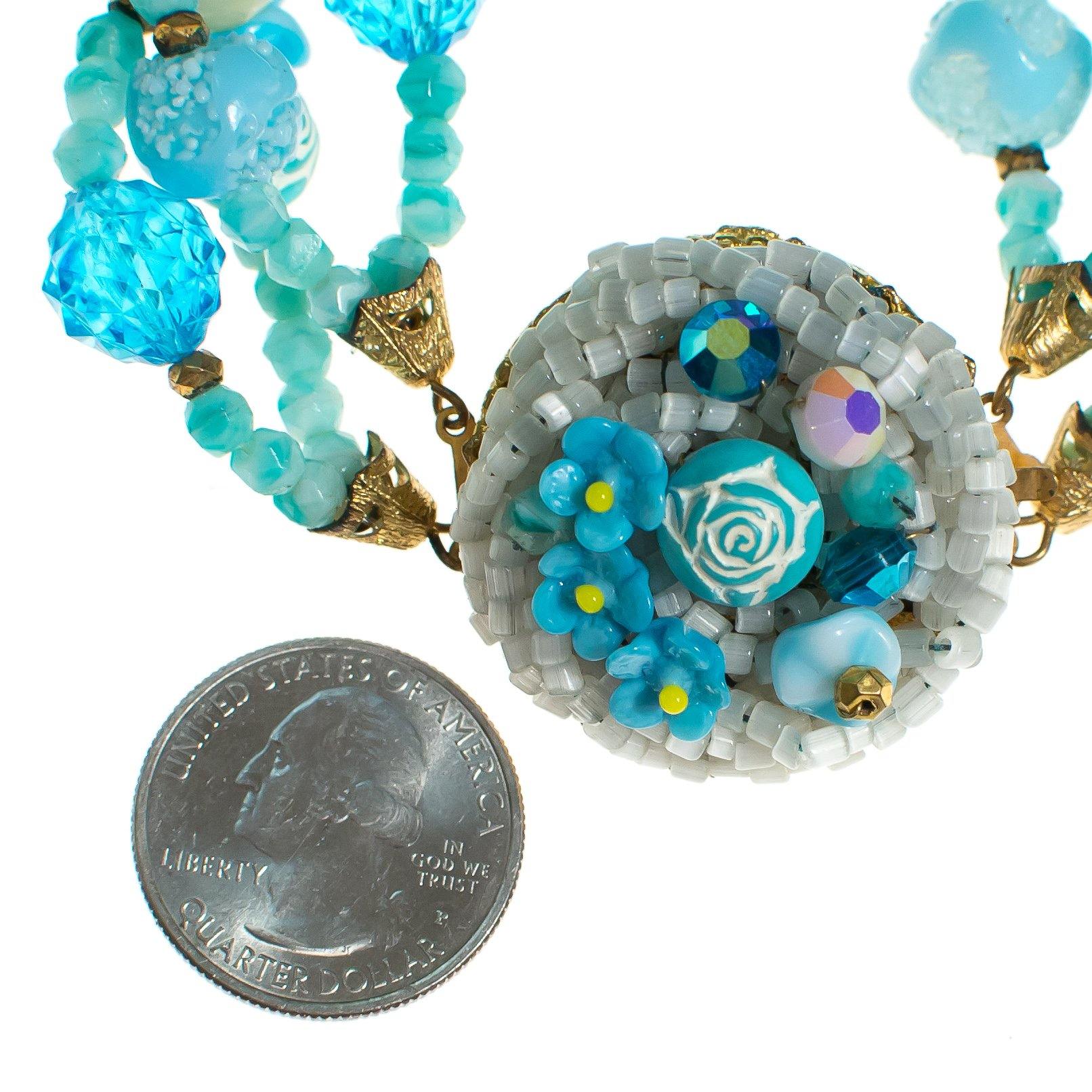 Vintage Multi-strand Blue Glass and Lucite Beaded Bracelet, Gold Tone, Slide Clasp by 1960s - Vintage Meet Modern Vintage Jewelry - Chicago, Illinois - #oldhollywoodglamour #vintagemeetmodern #designervintage #jewelrybox #antiquejewelry #vintagejewelry