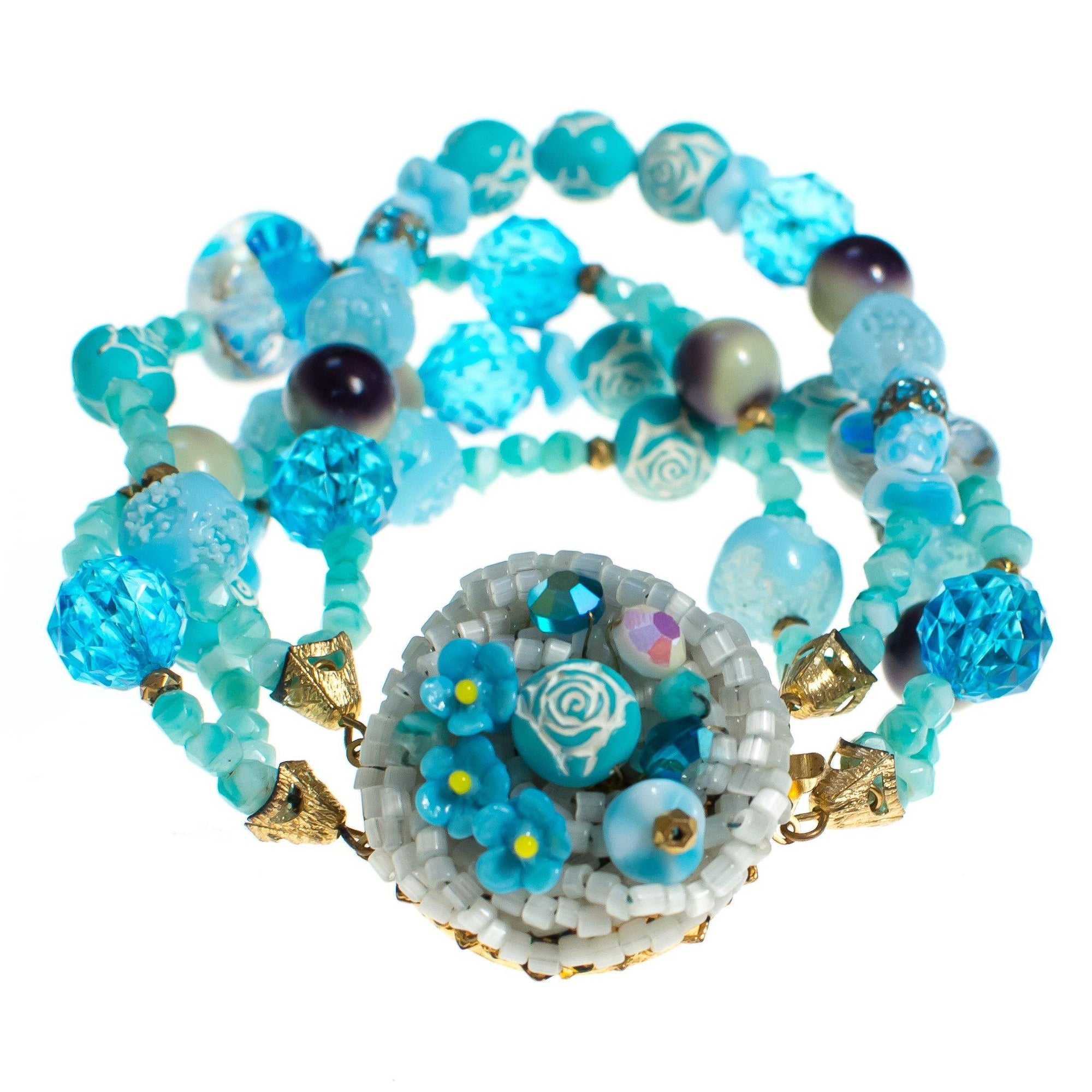 Vintage Multi-strand Blue Glass and Lucite Beaded Bracelet, Gold Tone, Slide Clasp by 1960s - Vintage Meet Modern Vintage Jewelry - Chicago, Illinois - #oldhollywoodglamour #vintagemeetmodern #designervintage #jewelrybox #antiquejewelry #vintagejewelry