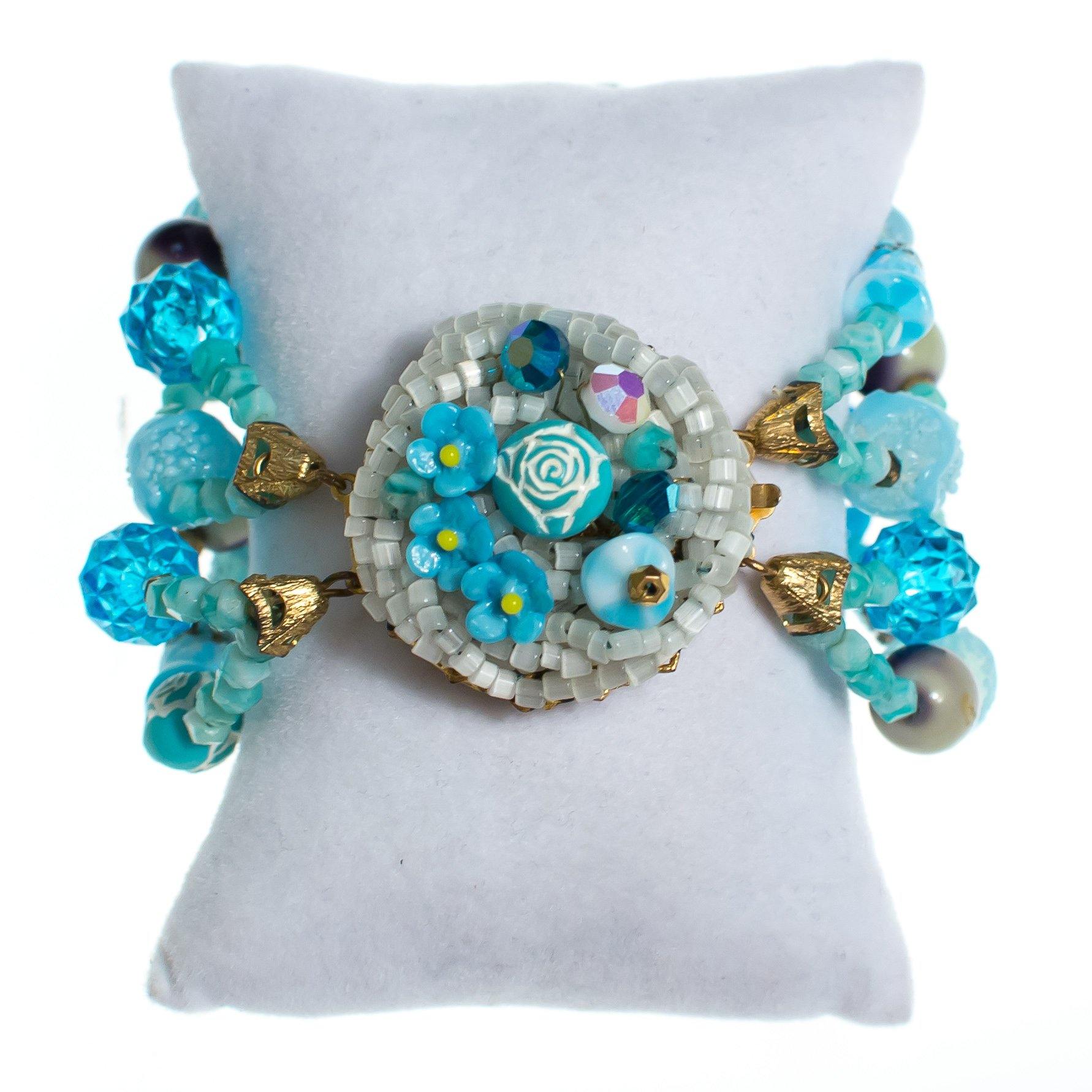 Vintage Multi-strand Blue Glass and Lucite Beaded Bracelet, Gold Tone, Slide Clasp by 1960s - Vintage Meet Modern Vintage Jewelry - Chicago, Illinois - #oldhollywoodglamour #vintagemeetmodern #designervintage #jewelrybox #antiquejewelry #vintagejewelry