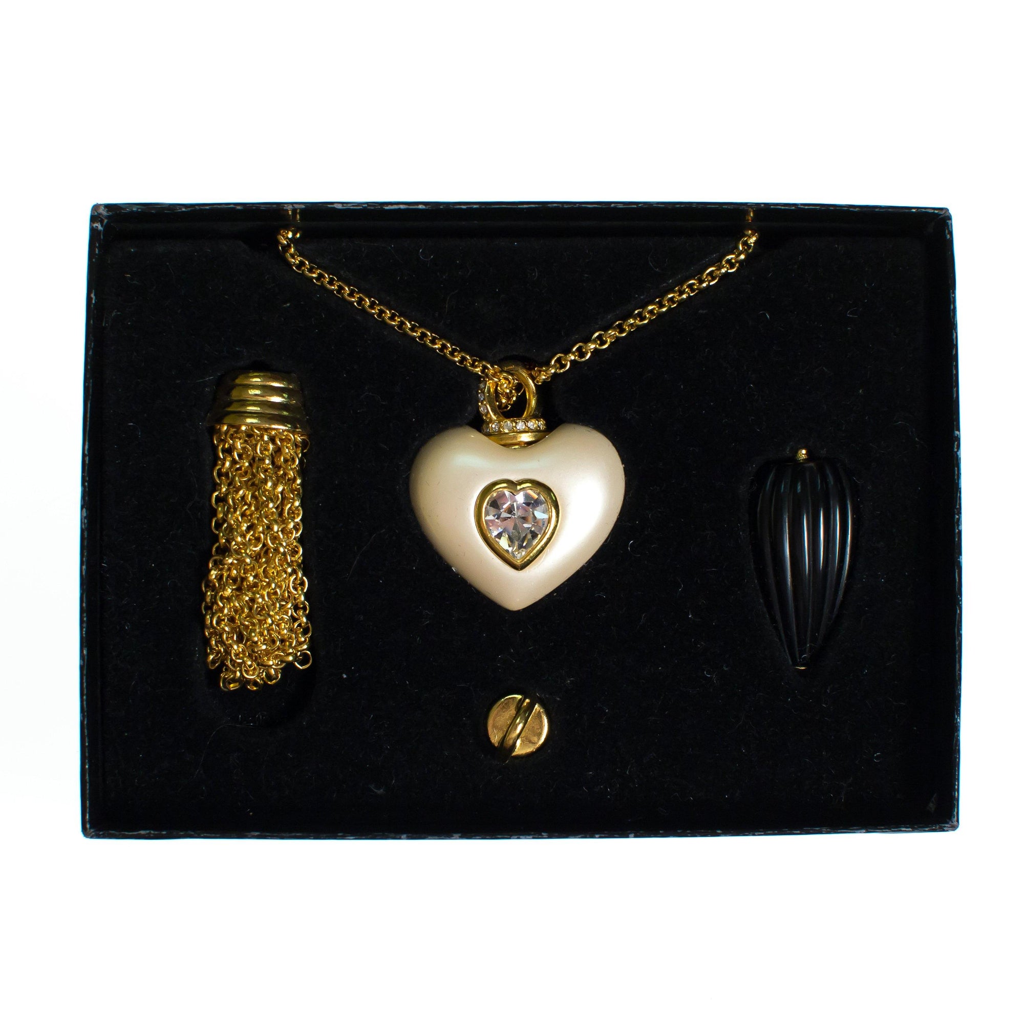 Vintage Joan Rivers Interchangeable Pendant Set Heart, Gold Tassel, Black Fob by joan Rivers - Vintage Meet Modern Vintage Jewelry - Chicago, Illinois - #oldhollywoodglamour #vintagemeetmodern #designervintage #jewelrybox #antiquejewelry #vintagejewelry