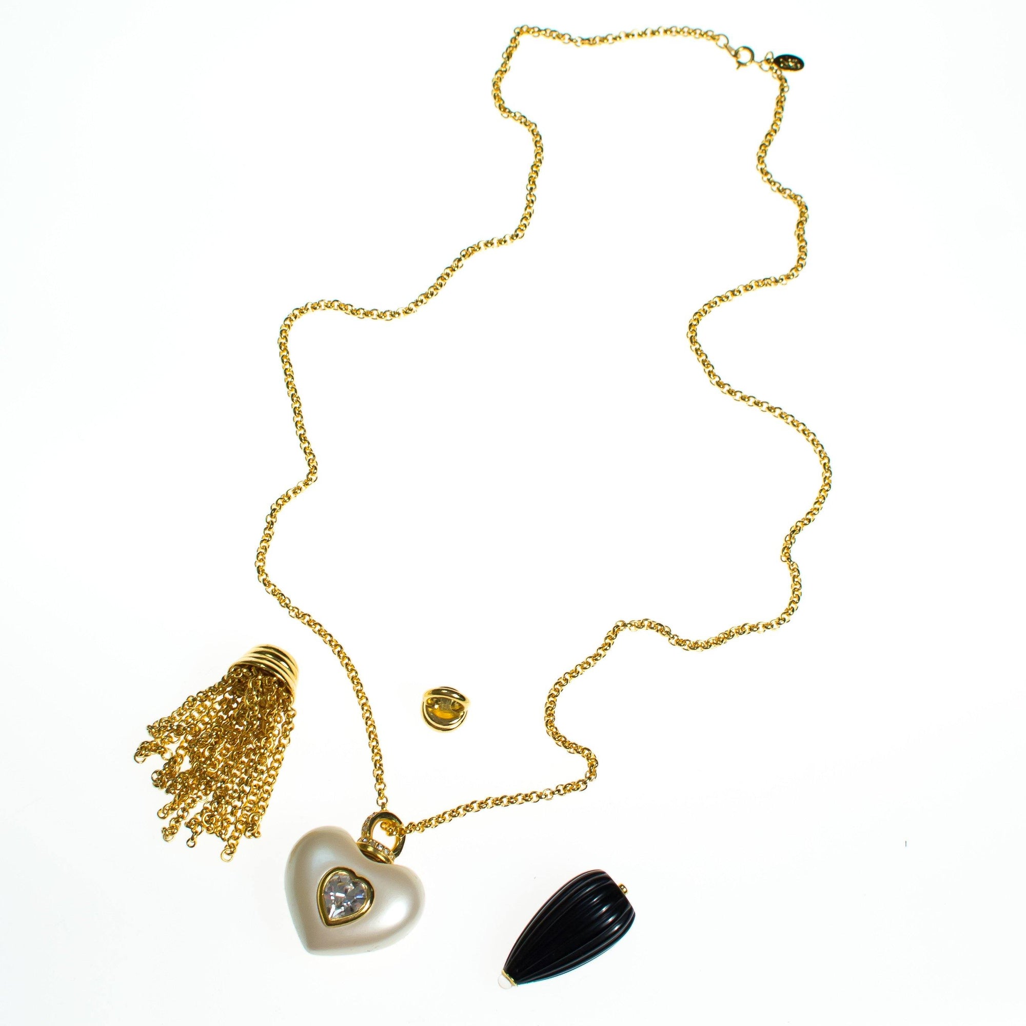 Vintage Joan Rivers Interchangeable Pendant Set Heart, Gold Tassel, Black Fob by joan Rivers - Vintage Meet Modern Vintage Jewelry - Chicago, Illinois - #oldhollywoodglamour #vintagemeetmodern #designervintage #jewelrybox #antiquejewelry #vintagejewelry