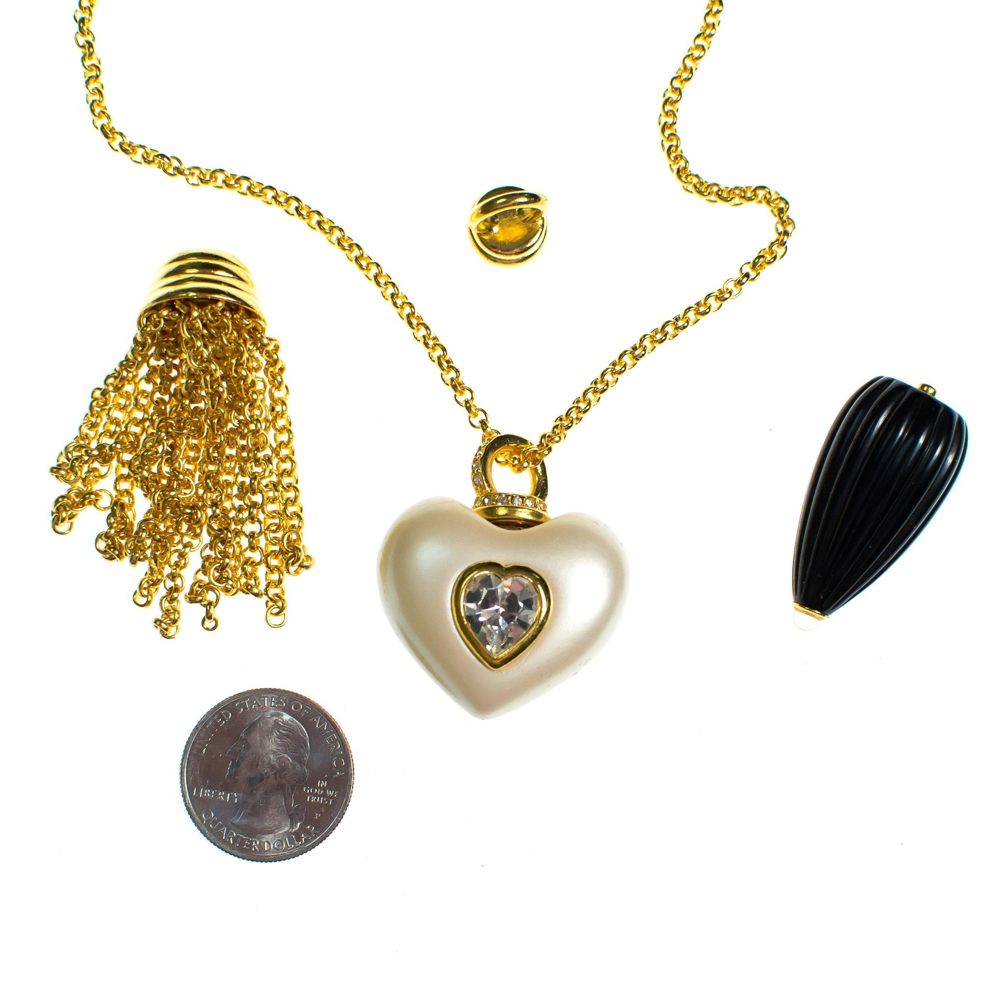 Vintage Joan Rivers Interchangeable Pendant Set Heart, Gold Tassel, Black Fob by joan Rivers - Vintage Meet Modern Vintage Jewelry - Chicago, Illinois - #oldhollywoodglamour #vintagemeetmodern #designervintage #jewelrybox #antiquejewelry #vintagejewelry