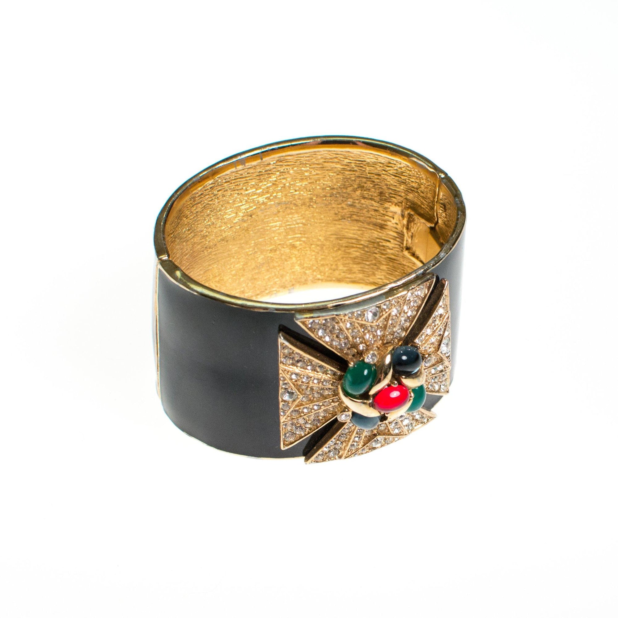 Ciner Maltese Cross Cuff Bracelet in Black Enamel With Emerald, Ruby, and Sapphire Crystal Cabochons by Ciner - Vintage Meet Modern Vintage Jewelry - Chicago, Illinois - #oldhollywoodglamour #vintagemeetmodern #designervintage #jewelrybox #antiquejewelry #vintagejewelry