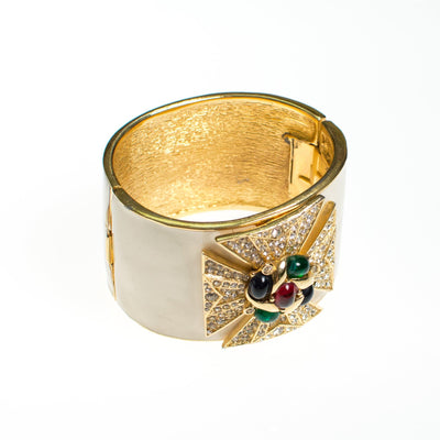 Ciner Maltese Cross Cuff Bracelet in Ivory Enamel With Emerald, Ruby, and Sapphire Crystal Cabochons by Ciner - Vintage Meet Modern Vintage Jewelry - Chicago, Illinois - #oldhollywoodglamour #vintagemeetmodern #designervintage #jewelrybox #antiquejewelry #vintagejewelry