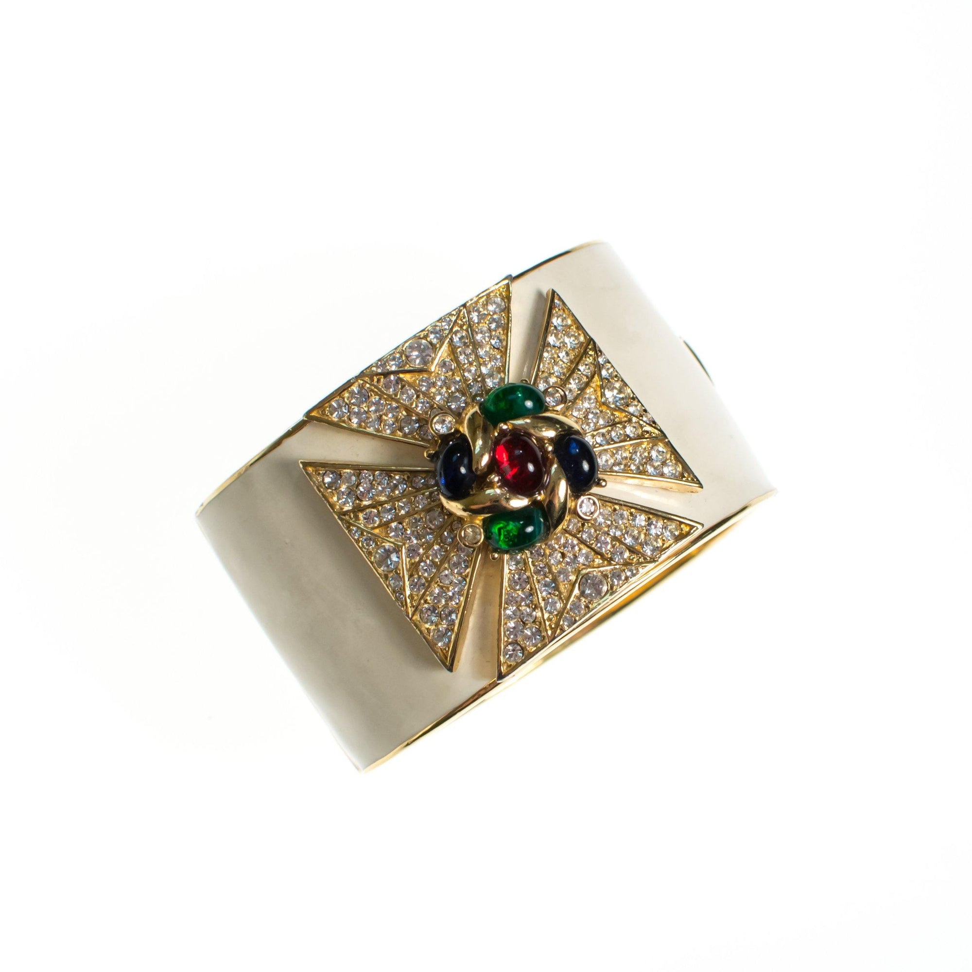 Ciner Maltese Cross Cuff Bracelet in Ivory Enamel With Emerald, Ruby, and Sapphire Crystal Cabochons by Ciner - Vintage Meet Modern Vintage Jewelry - Chicago, Illinois - #oldhollywoodglamour #vintagemeetmodern #designervintage #jewelrybox #antiquejewelry #vintagejewelry