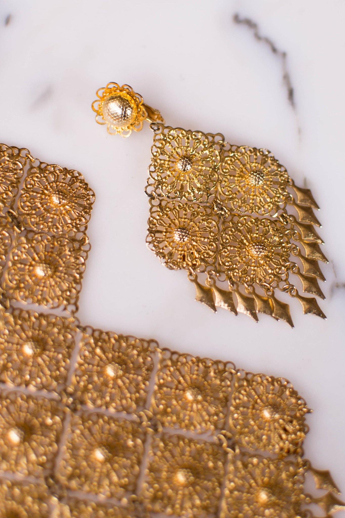 Huge 1960s Gold Filigree Dangling Statement Earrings by Unsigned Beauty - Vintage Meet Modern Vintage Jewelry - Chicago, Illinois - #oldhollywoodglamour #vintagemeetmodern #designervintage #jewelrybox #antiquejewelry #vintagejewelry