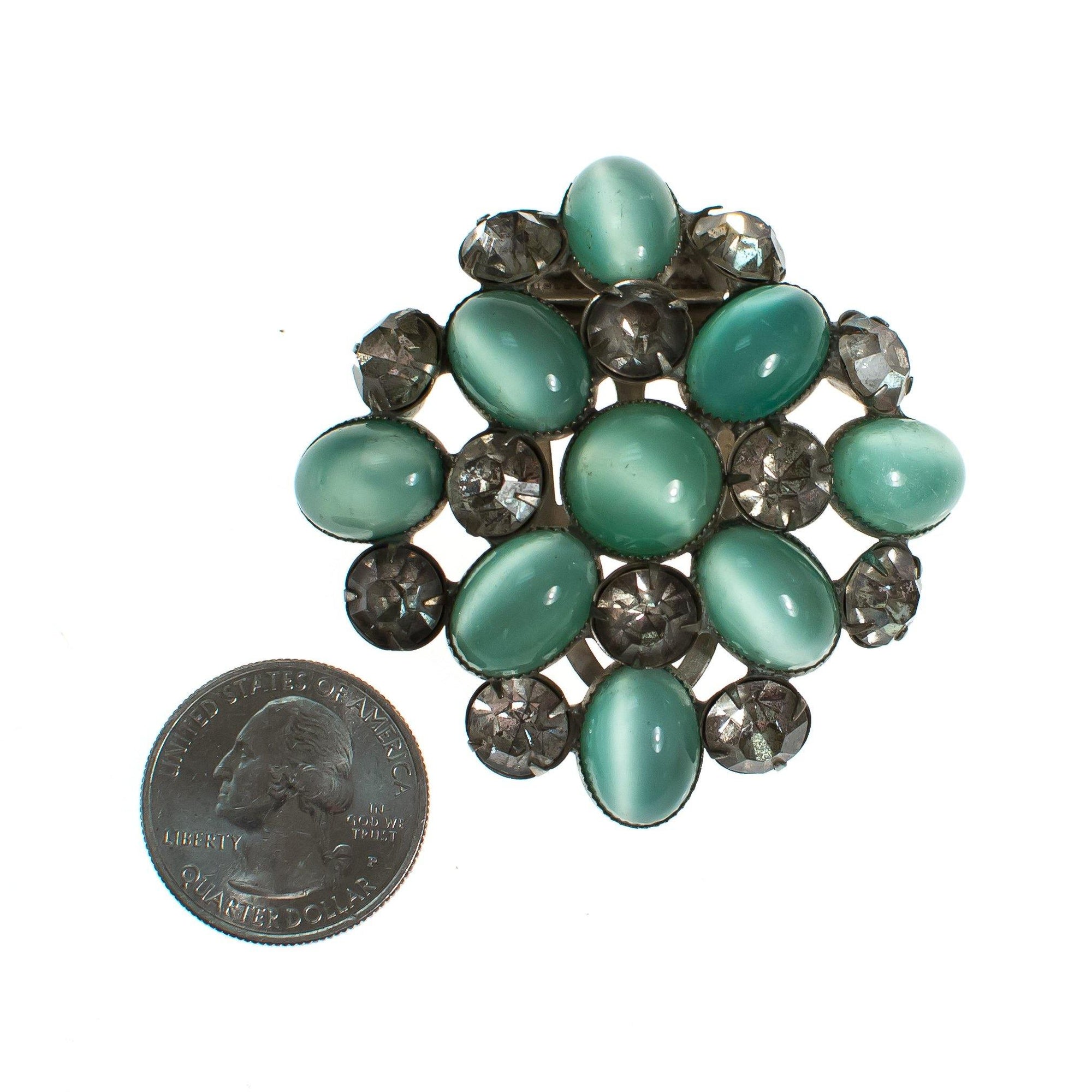 Vintage Art Deco Era Dress, Fur Clip with Rhinestones and Light Green Cats Eye Cabochon Rhinestones by Art Deco - Vintage Meet Modern Vintage Jewelry - Chicago, Illinois - #oldhollywoodglamour #vintagemeetmodern #designervintage #jewelrybox #antiquejewelry #vintagejewelry