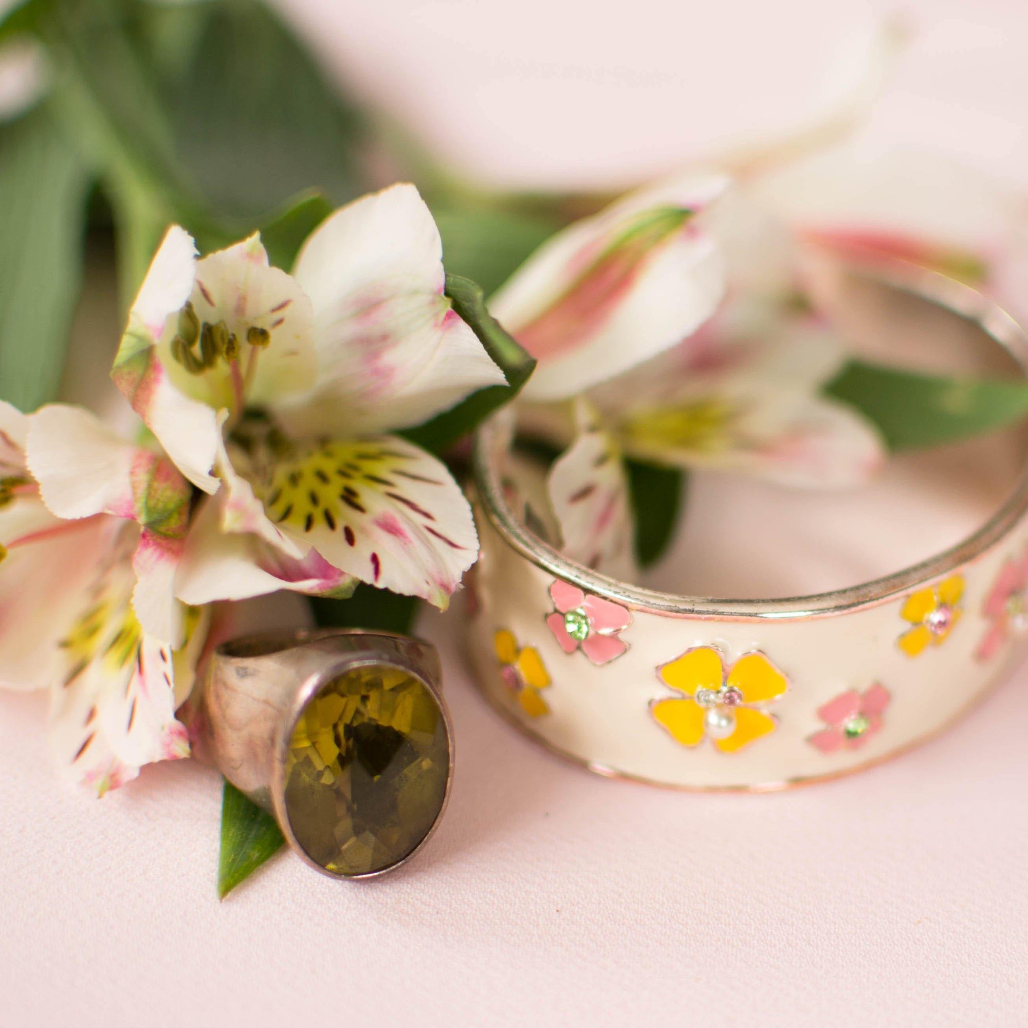 Pink and Yellow Flower White Enamel Cuff Bracelet with Rhinestones, Pearls by Unsigned Beauty - Vintage Meet Modern Vintage Jewelry - Chicago, Illinois - #oldhollywoodglamour #vintagemeetmodern #designervintage #jewelrybox #antiquejewelry #vintagejewelry