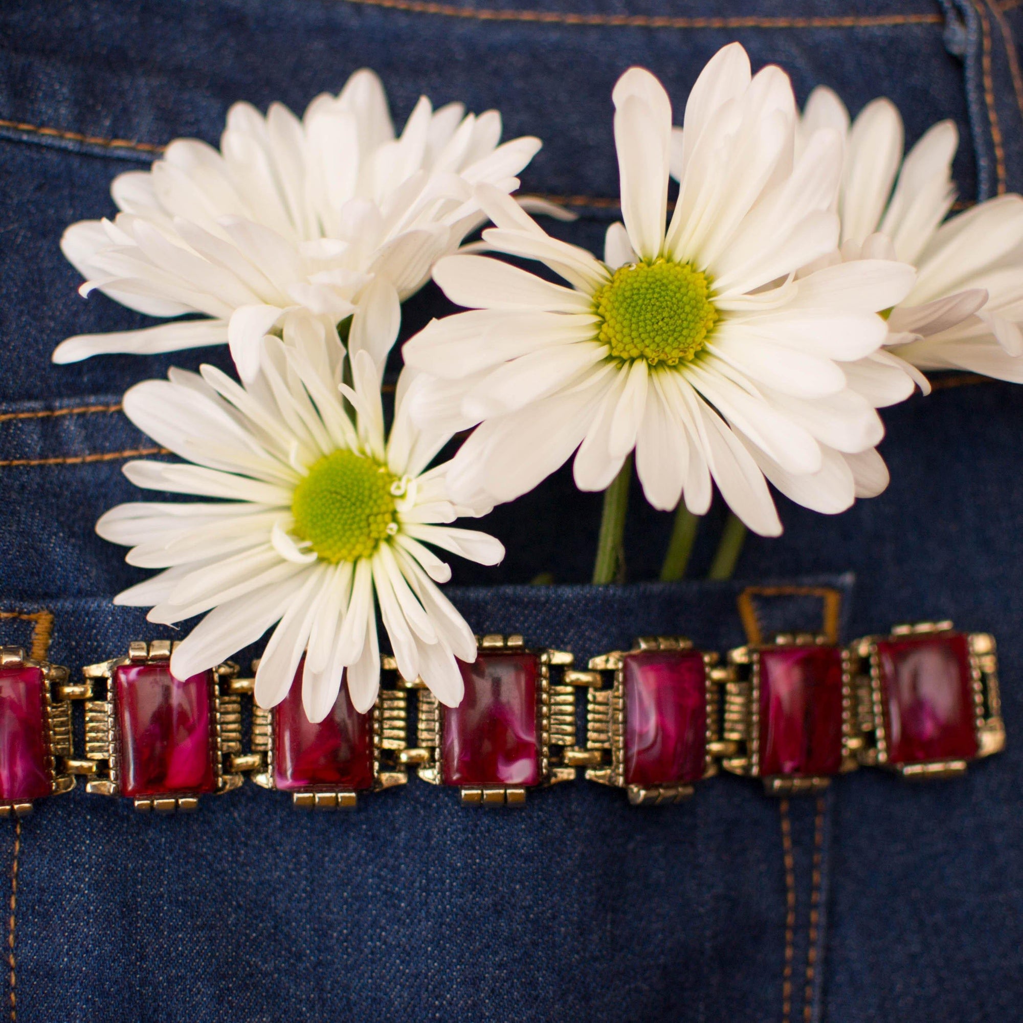 Red Thermoset Panel Bracelet Set in Antique Gold Tone by Thermoset - Vintage Meet Modern Vintage Jewelry - Chicago, Illinois - #oldhollywoodglamour #vintagemeetmodern #designervintage #jewelrybox #antiquejewelry #vintagejewelry