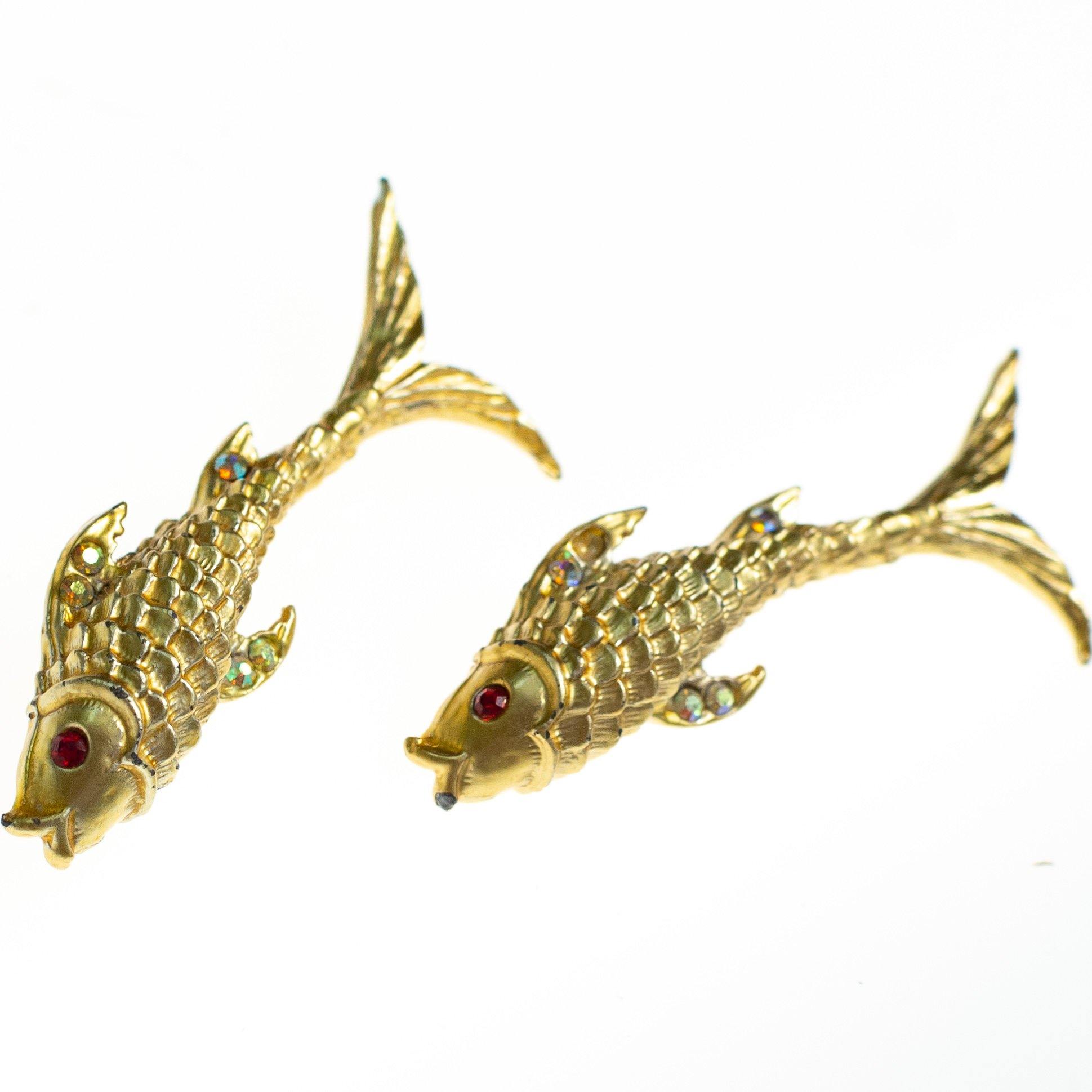 Vintage Jumping Koi Fish Scatter Pin Brooch Set, Gold Tone with Rhinestones by 1980s - Vintage Meet Modern Vintage Jewelry - Chicago, Illinois - #oldhollywoodglamour #vintagemeetmodern #designervintage #jewelrybox #antiquejewelry #vintagejewelry