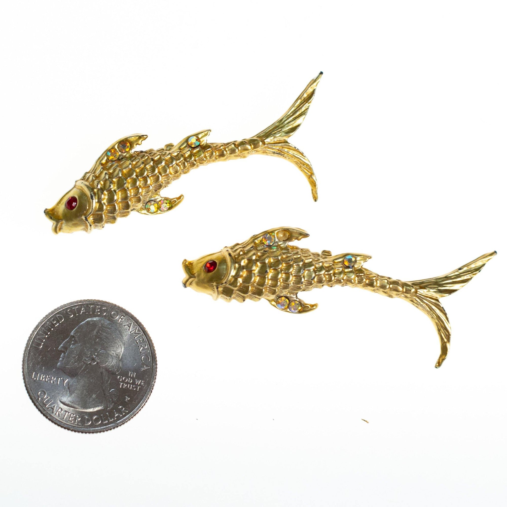 Vintage Jumping Koi Fish Scatter Pin Brooch Set, Gold Tone with Rhinestones by 1980s - Vintage Meet Modern Vintage Jewelry - Chicago, Illinois - #oldhollywoodglamour #vintagemeetmodern #designervintage #jewelrybox #antiquejewelry #vintagejewelry