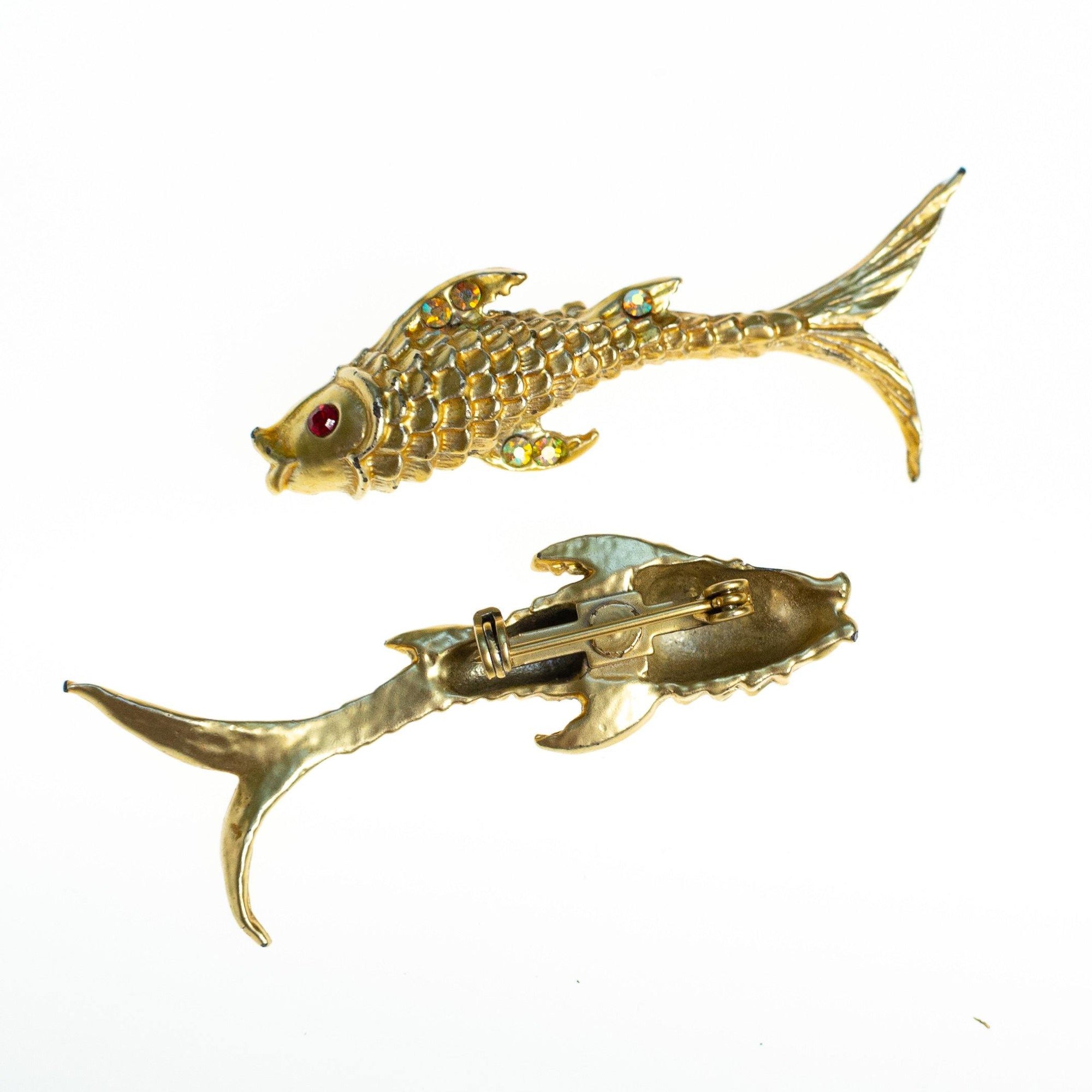 Vintage Jumping Koi Fish Scatter Pin Brooch Set, Gold Tone with Rhinestones by 1980s - Vintage Meet Modern Vintage Jewelry - Chicago, Illinois - #oldhollywoodglamour #vintagemeetmodern #designervintage #jewelrybox #antiquejewelry #vintagejewelry