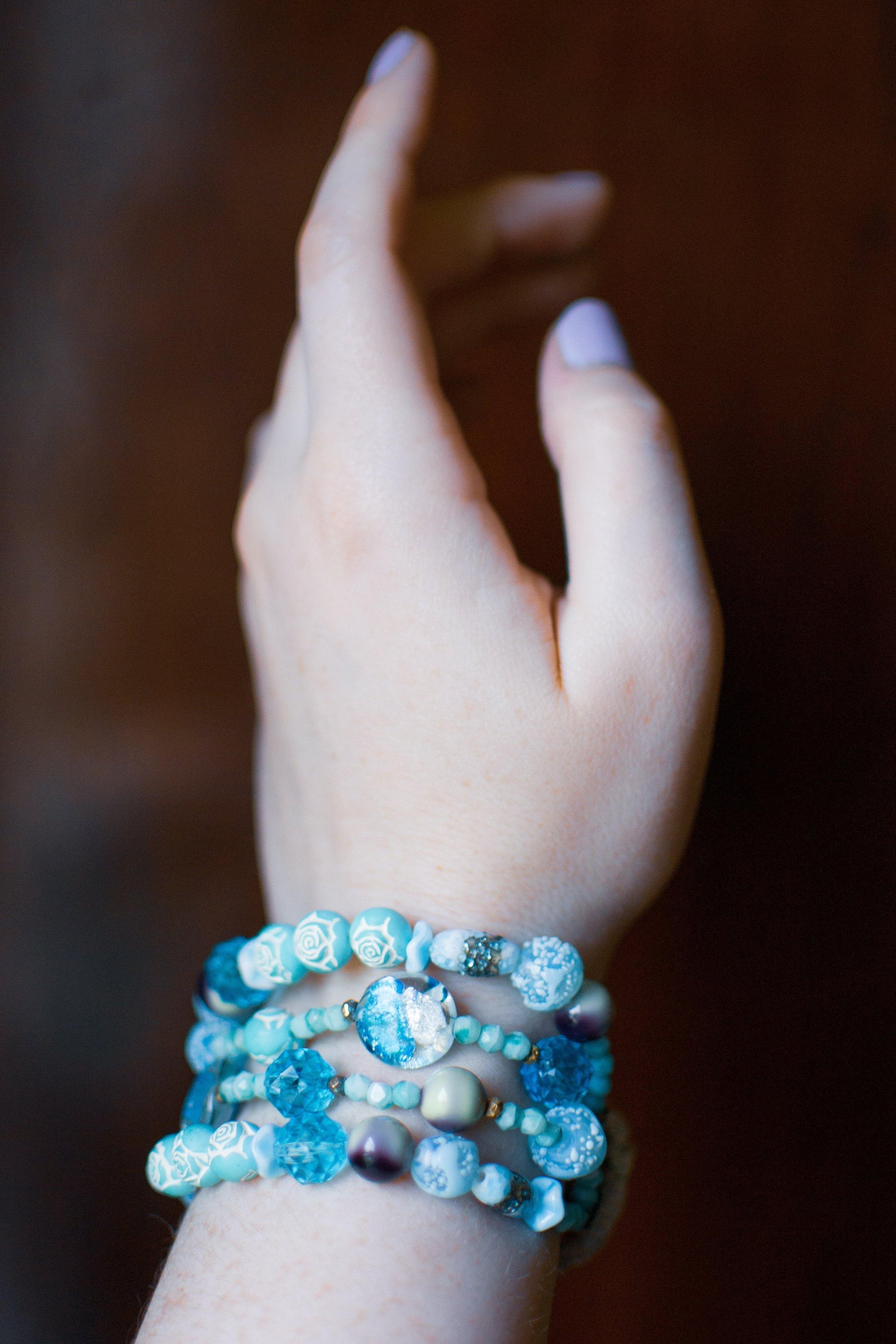 Vintage Multi-strand Blue Glass and Lucite Beaded Bracelet, Gold Tone, Slide Clasp by 1960s - Vintage Meet Modern Vintage Jewelry - Chicago, Illinois - #oldhollywoodglamour #vintagemeetmodern #designervintage #jewelrybox #antiquejewelry #vintagejewelry