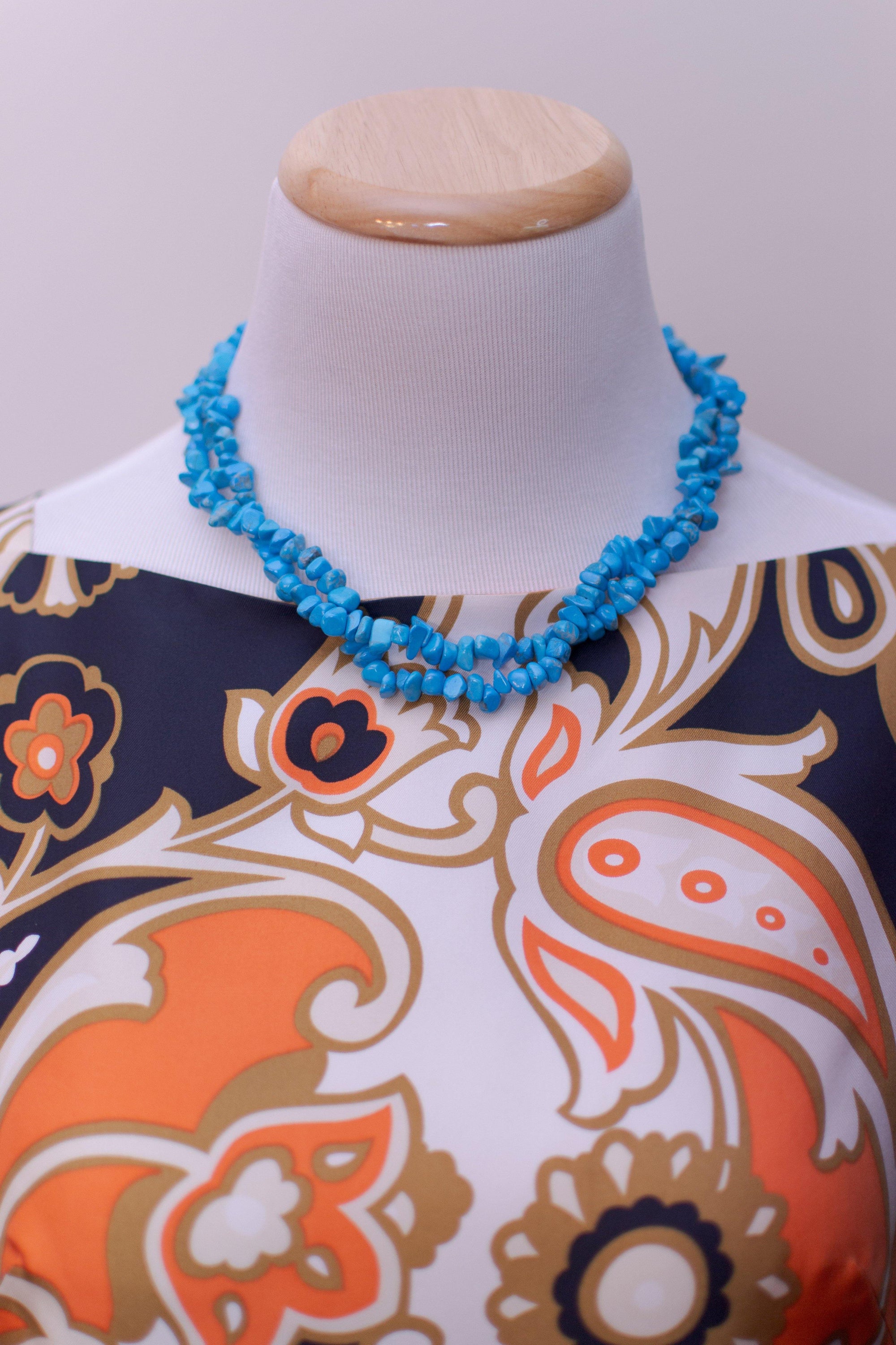 Turquoise Necklace, Torsade, Silver Shell Clasp, Beach, Summer, Designer, Vintage Jewelry by 1980s - Vintage Meet Modern Vintage Jewelry - Chicago, Illinois - #oldhollywoodglamour #vintagemeetmodern #designervintage #jewelrybox #antiquejewelry #vintagejewelry
