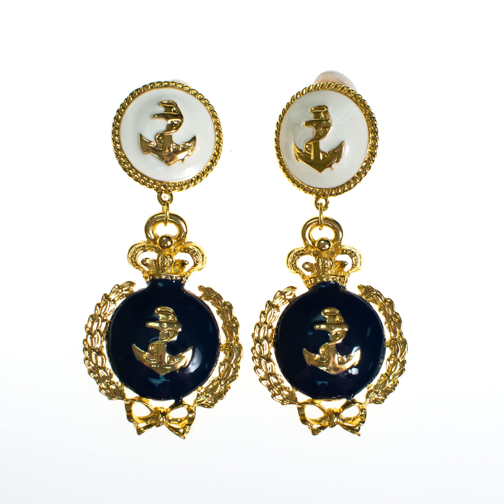 Vintage Navy Blue and Cream Anchor Statement Earrings by 1980s - Vintage Meet Modern Vintage Jewelry - Chicago, Illinois - #oldhollywoodglamour #vintagemeetmodern #designervintage #jewelrybox #antiquejewelry #vintagejewelry