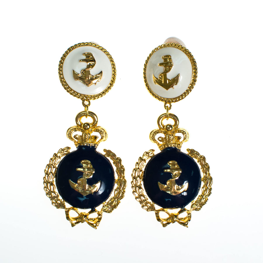 Vintage Navy Blue and Cream Anchor Statement Earrings by 1980s - Vintage Meet Modern Vintage Jewelry - Chicago, Illinois - #oldhollywoodglamour #vintagemeetmodern #designervintage #jewelrybox #antiquejewelry #vintagejewelry