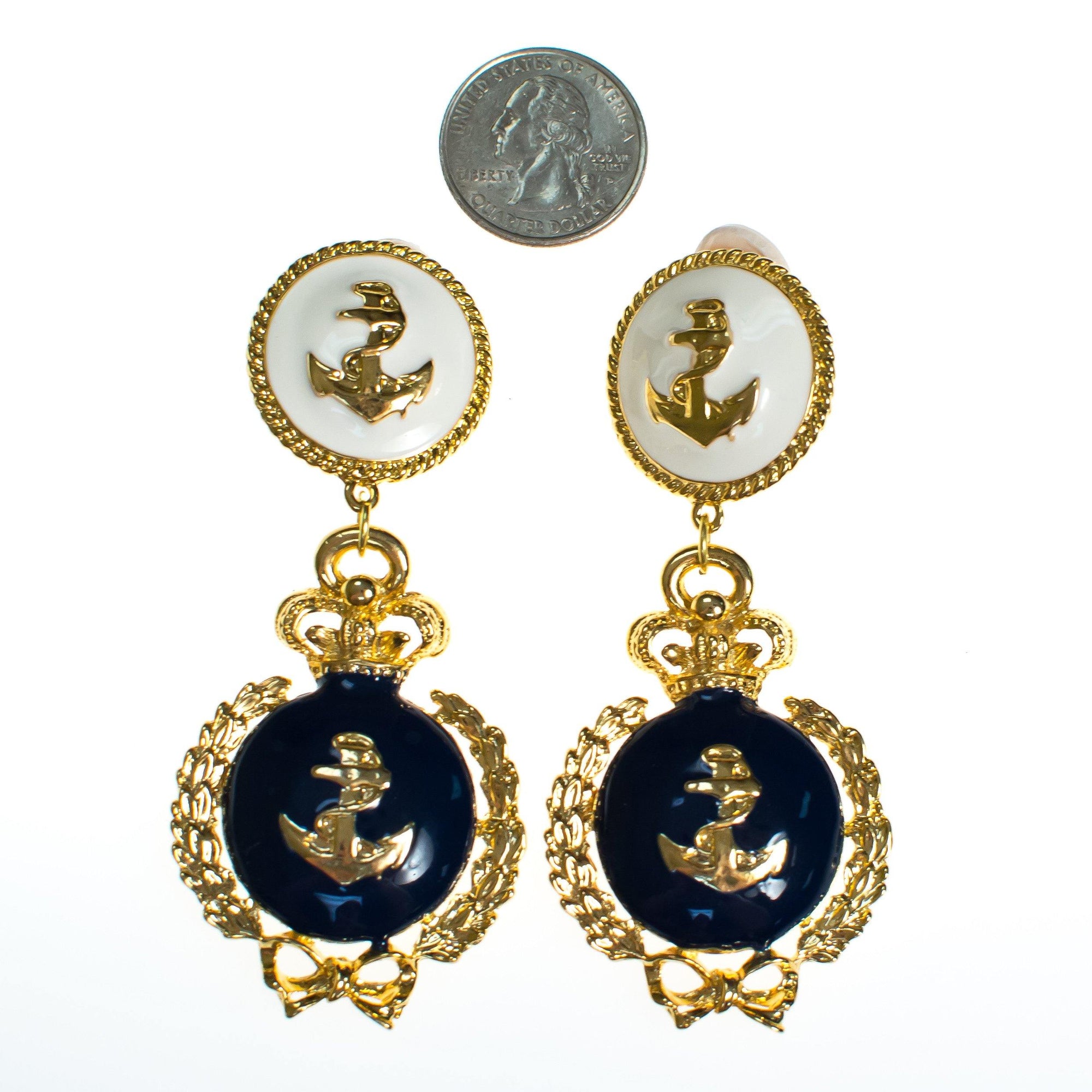 Vintage Navy Blue and Cream Anchor Statement Earrings by 1980s - Vintage Meet Modern Vintage Jewelry - Chicago, Illinois - #oldhollywoodglamour #vintagemeetmodern #designervintage #jewelrybox #antiquejewelry #vintagejewelry