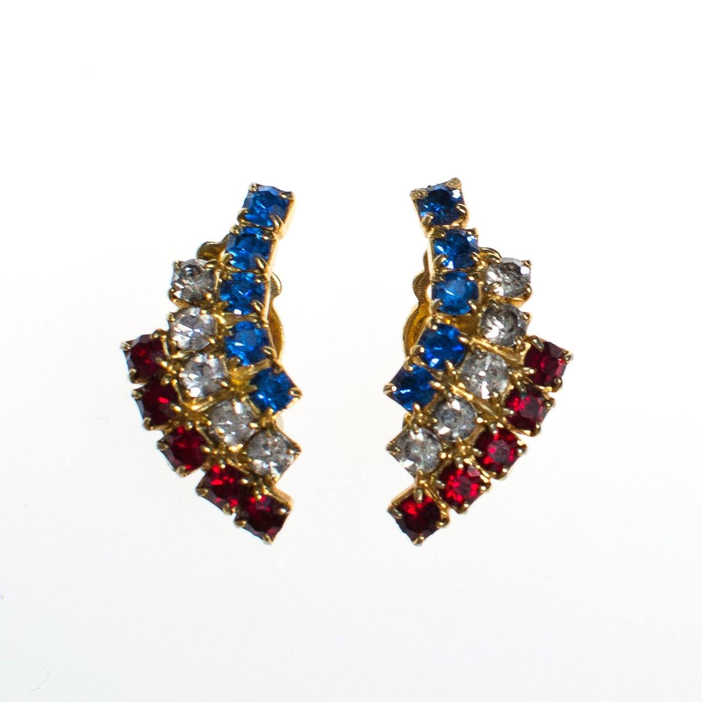Vintage Red White and Blue Rhinestone Earrings by 1960s - Vintage Meet Modern Vintage Jewelry - Chicago, Illinois - #oldhollywoodglamour #vintagemeetmodern #designervintage #jewelrybox #antiquejewelry #vintagejewelry