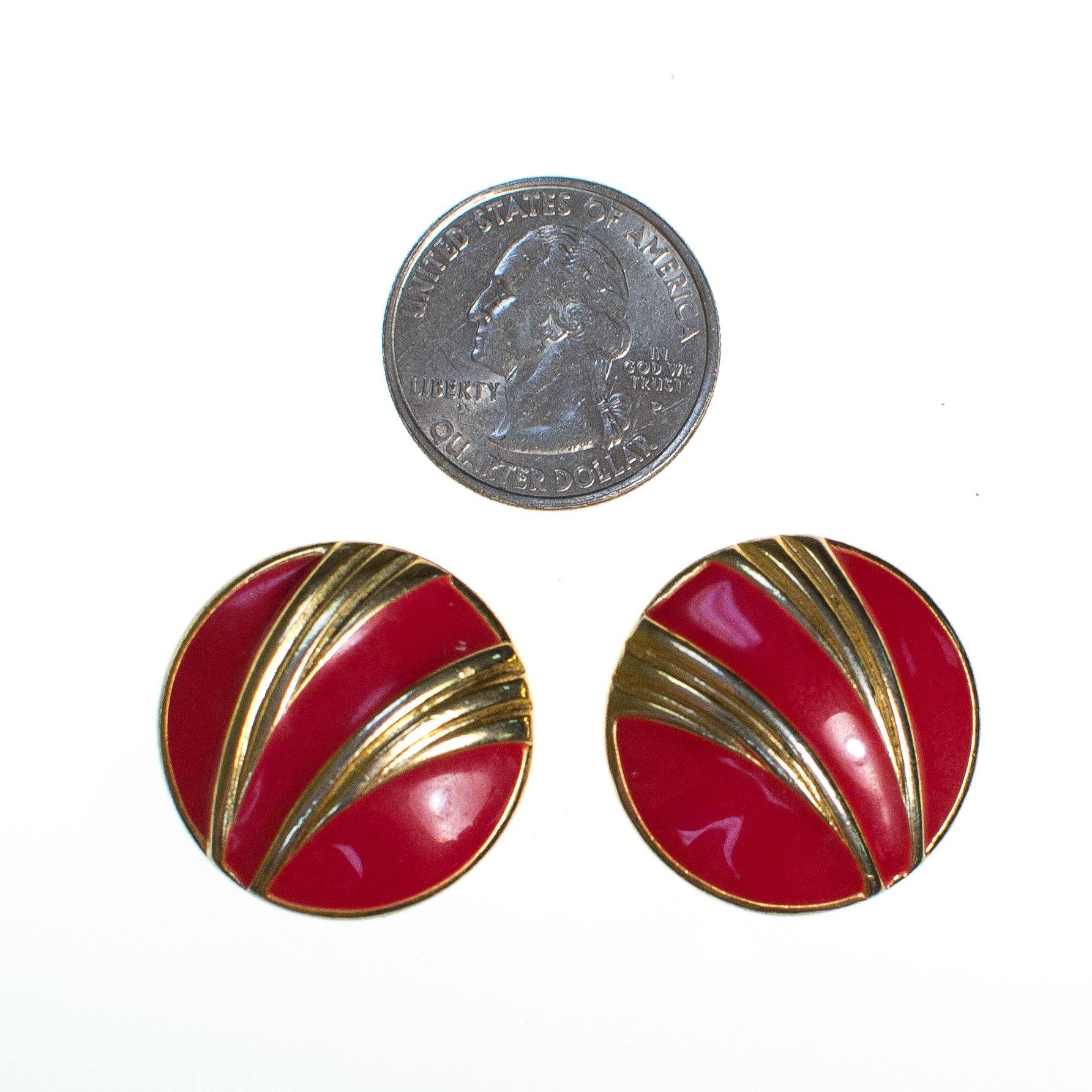 Vintage Red Enamel and Gold Swirl Button Style Earrings by 1980s - Vintage Meet Modern Vintage Jewelry - Chicago, Illinois - #oldhollywoodglamour #vintagemeetmodern #designervintage #jewelrybox #antiquejewelry #vintagejewelry