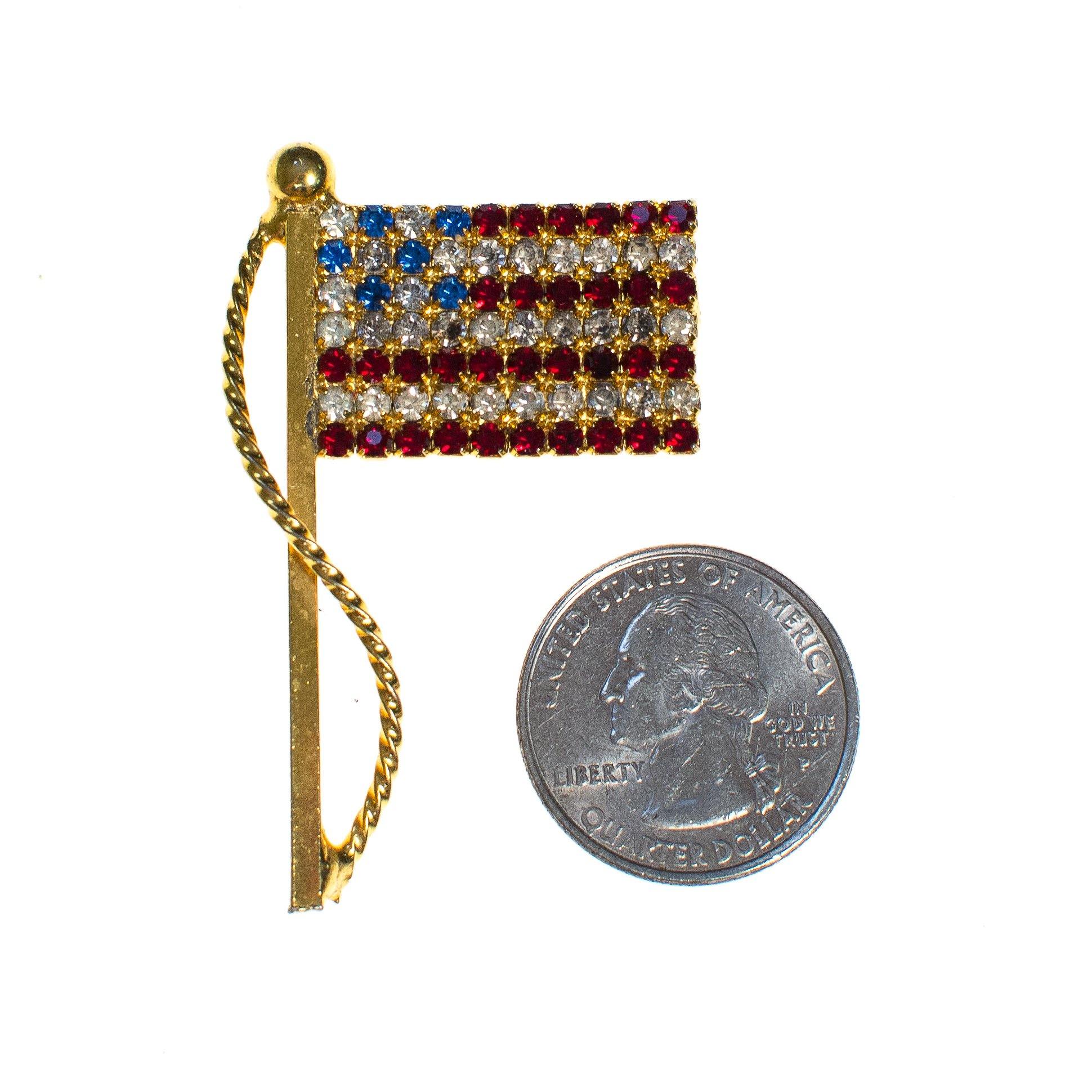 Vintage Red White and Blue Rhinestone American Flag Pin Brooch by 1960s - Vintage Meet Modern Vintage Jewelry - Chicago, Illinois - #oldhollywoodglamour #vintagemeetmodern #designervintage #jewelrybox #antiquejewelry #vintagejewelry