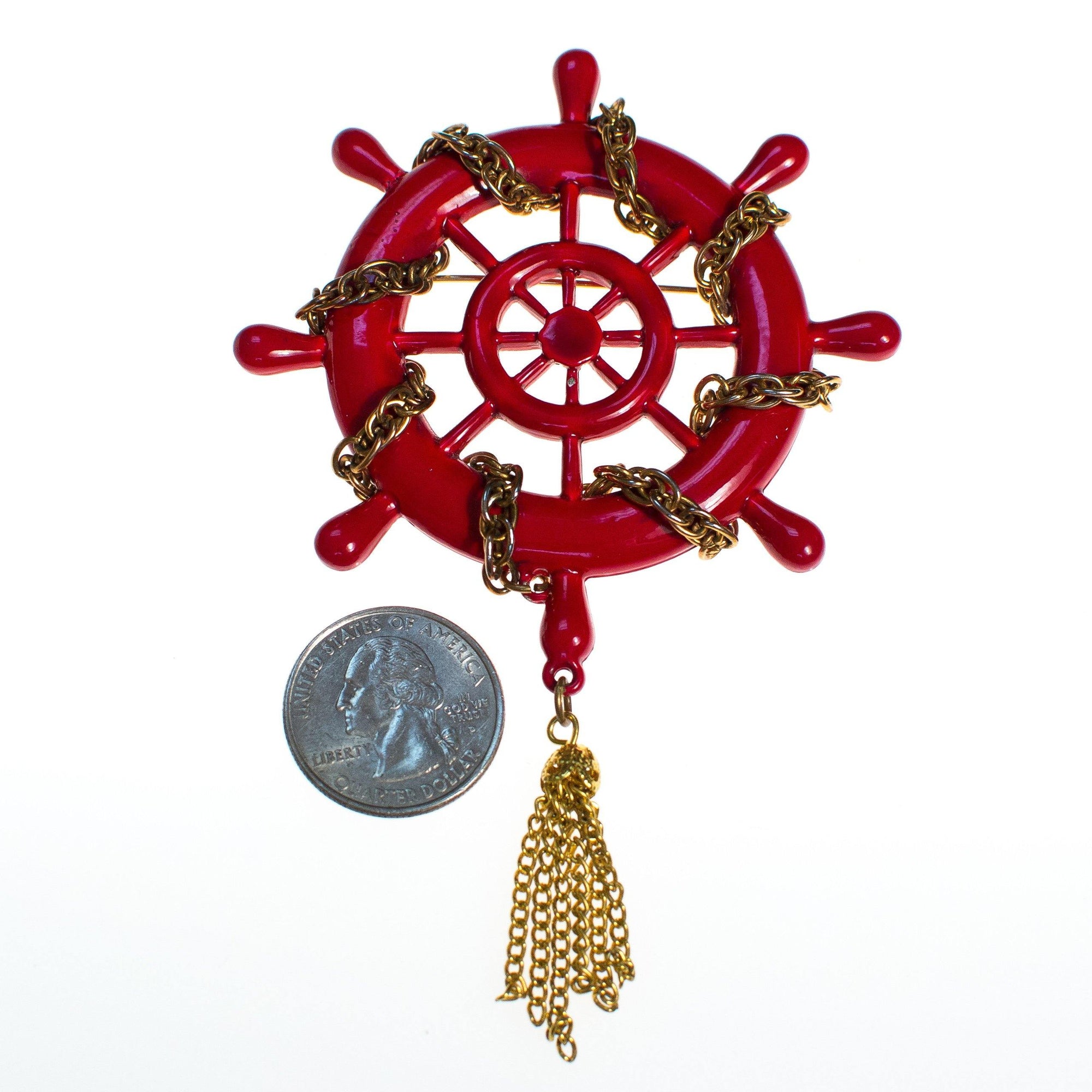 Vintage Red Captain's Wheel Brooch With Gold Tassel by 1960s - Vintage Meet Modern Vintage Jewelry - Chicago, Illinois - #oldhollywoodglamour #vintagemeetmodern #designervintage #jewelrybox #antiquejewelry #vintagejewelry