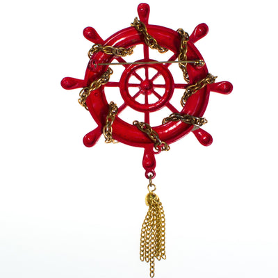 Vintage Red Captain's Wheel Brooch With Gold Tassel by 1960s - Vintage Meet Modern Vintage Jewelry - Chicago, Illinois - #oldhollywoodglamour #vintagemeetmodern #designervintage #jewelrybox #antiquejewelry #vintagejewelry