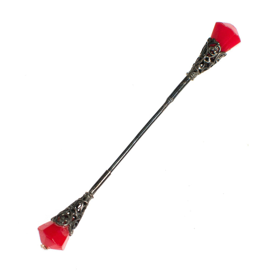 Vintage Red Jabot Pin with Sterling Silver Filigree Accents by Vintage Meet Modern - Vintage Meet Modern Vintage Jewelry - Chicago, Illinois - #oldhollywoodglamour #vintagemeetmodern #designervintage #jewelrybox #antiquejewelry #vintagejewelry