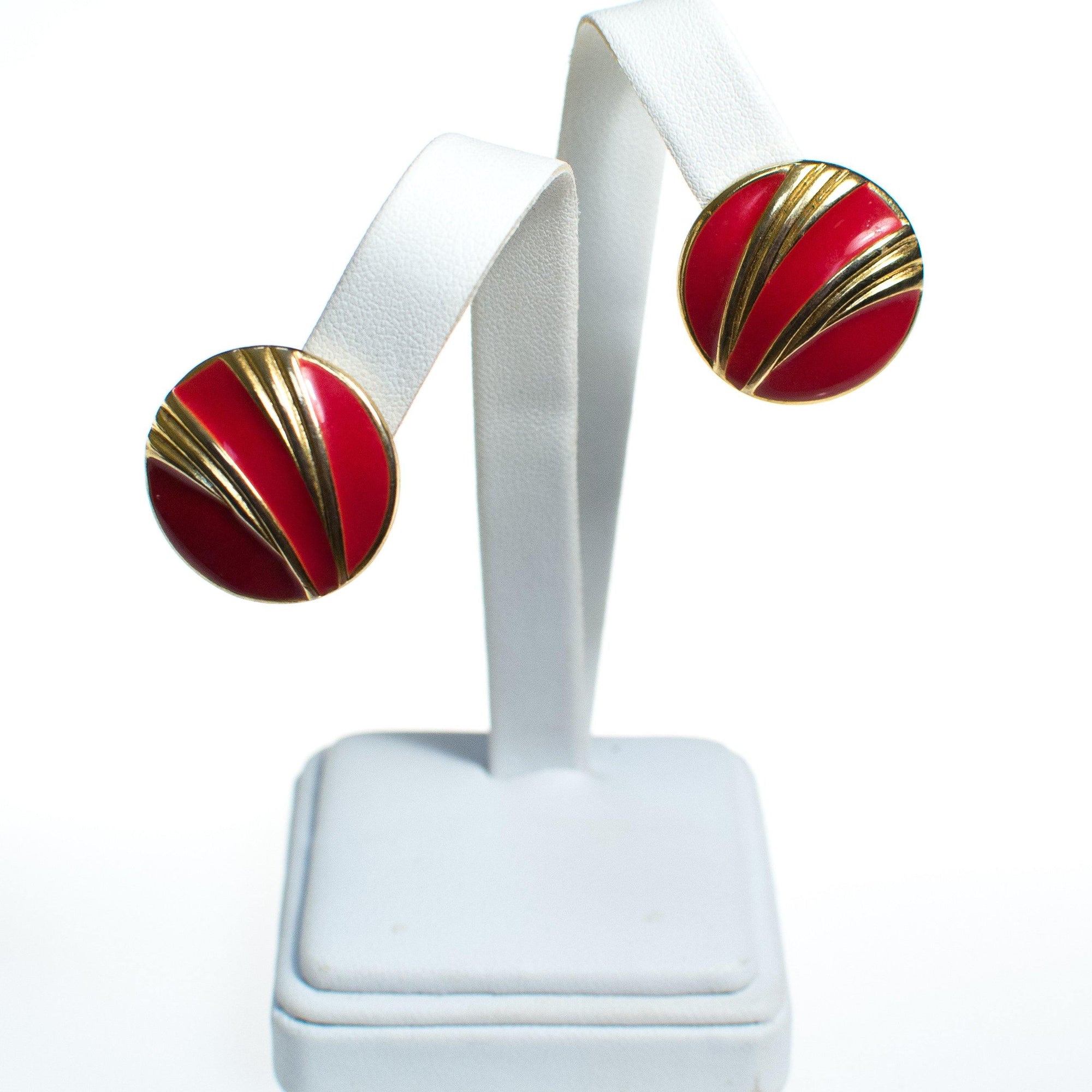 Vintage Red Enamel and Gold Swirl Button Style Earrings by 1980s - Vintage Meet Modern Vintage Jewelry - Chicago, Illinois - #oldhollywoodglamour #vintagemeetmodern #designervintage #jewelrybox #antiquejewelry #vintagejewelry