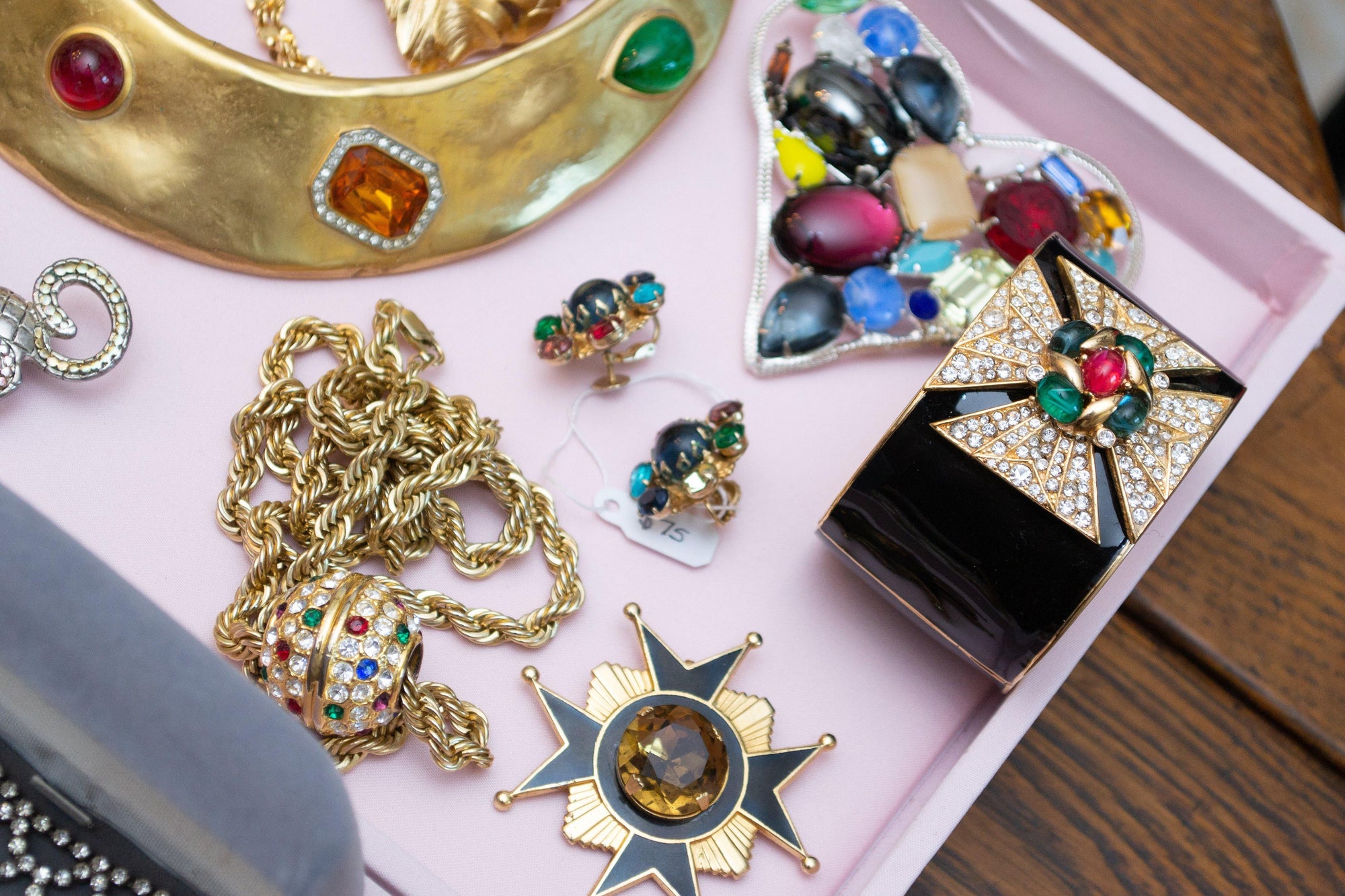 Ciner Maltese Cross Cuff Bracelet in Black Enamel With Emerald, Ruby, and Sapphire Crystal Cabochons by Ciner - Vintage Meet Modern Vintage Jewelry - Chicago, Illinois - #oldhollywoodglamour #vintagemeetmodern #designervintage #jewelrybox #antiquejewelry #vintagejewelry