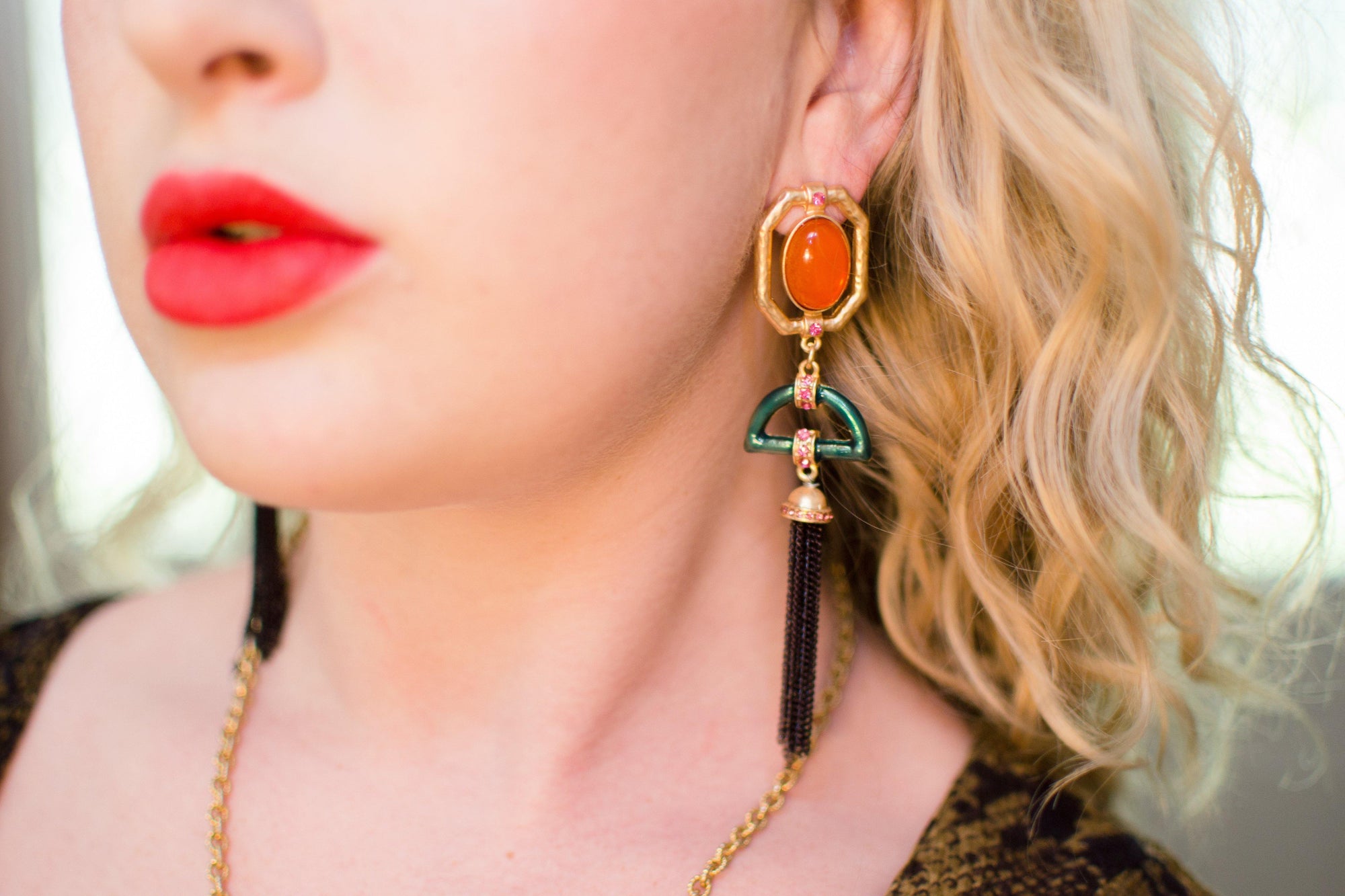 Coral Cabochon and Jade Enamel Tassel Earrings by Vintage Meet Modern - Vintage Meet Modern Vintage Jewelry - Chicago, Illinois - #oldhollywoodglamour #vintagemeetmodern #designervintage #jewelrybox #antiquejewelry #vintagejewelry