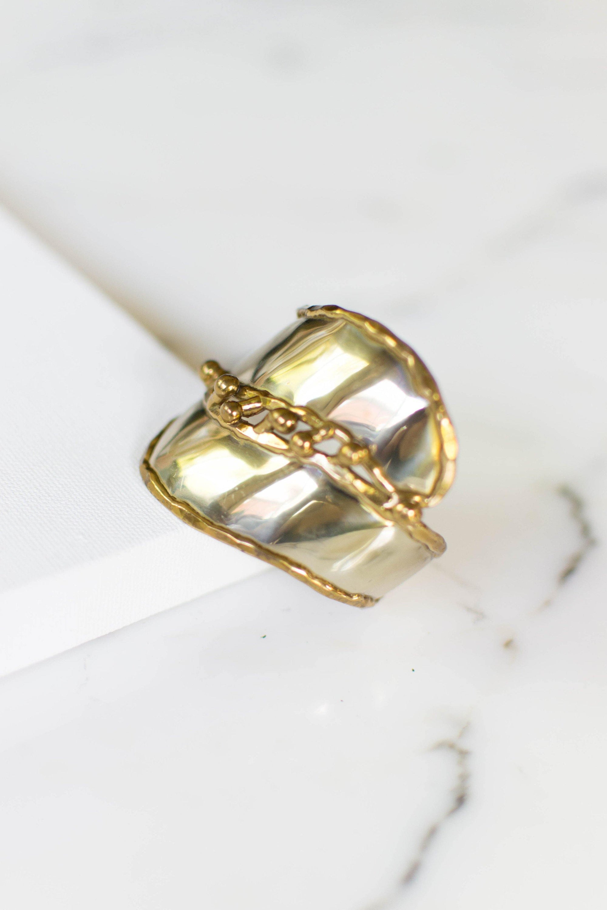 One of a Kind Wide Silver and Gold Brutalist Cuff Bracelet, Handmade by unsigned - Vintage Meet Modern Vintage Jewelry - Chicago, Illinois - #oldhollywoodglamour #vintagemeetmodern #designervintage #jewelrybox #antiquejewelry #vintagejewelry