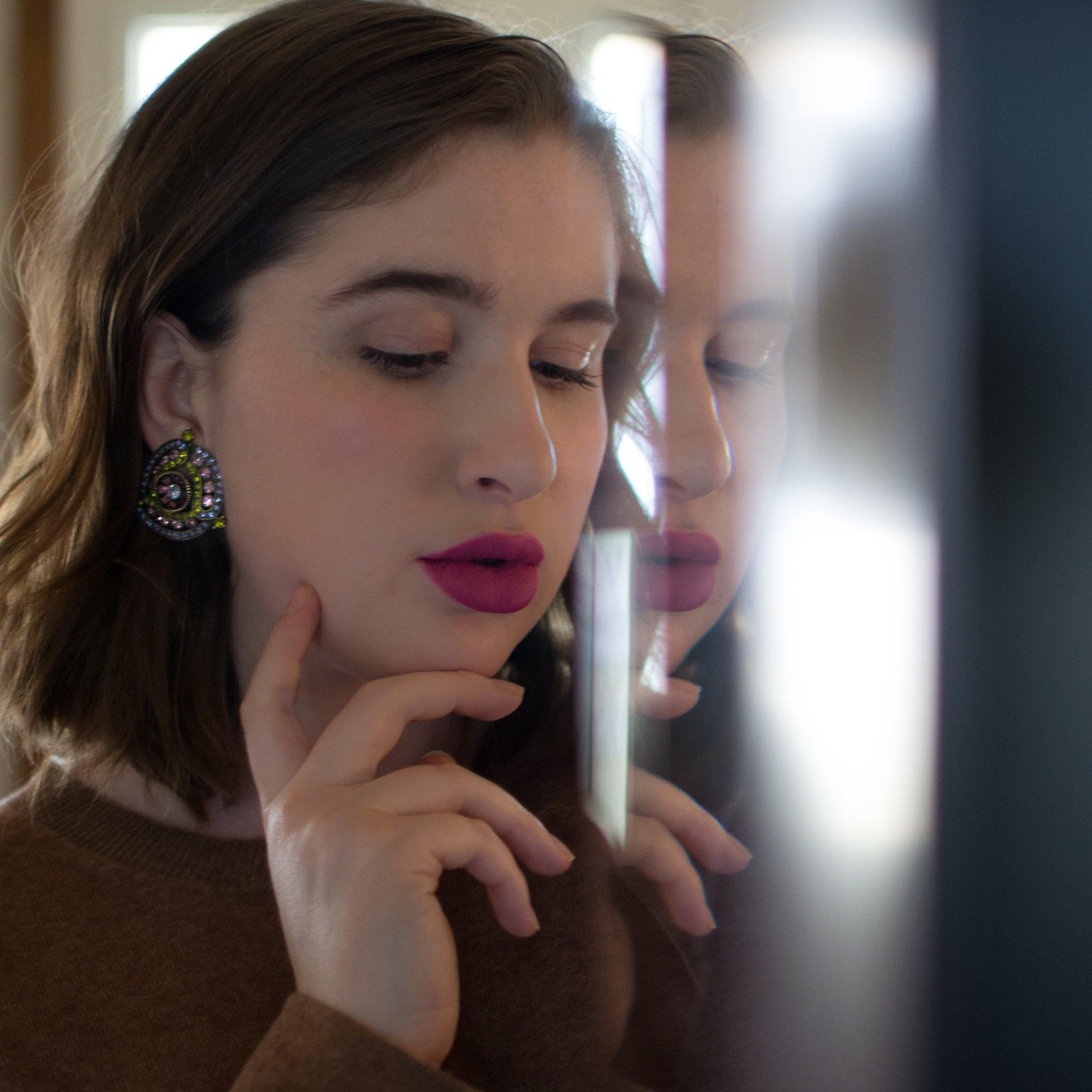 Vintage Heidi Daus Amethyst and Peridot Crystal Rhinestone Medallion Statement Earrings, Clip On by Heidi Daus - Vintage Meet Modern Vintage Jewelry - Chicago, Illinois - #oldhollywoodglamour #vintagemeetmodern #designervintage #jewelrybox #antiquejewelry #vintagejewelry