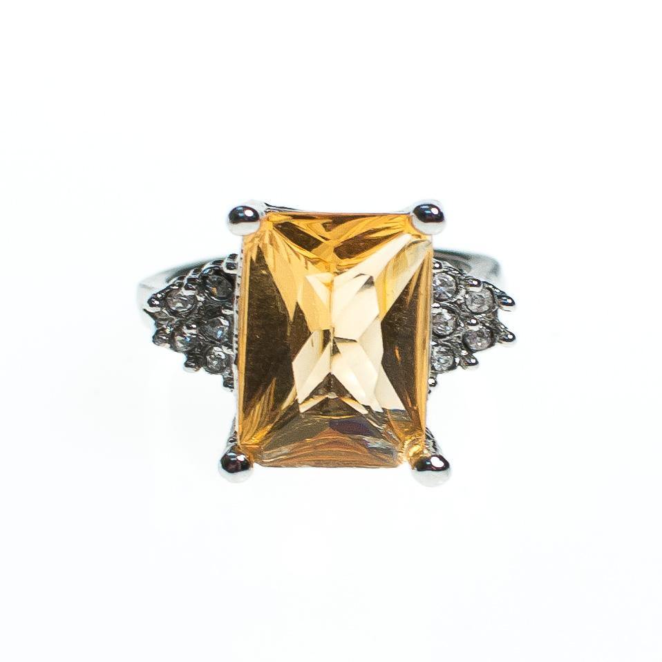 Vintage Yellow Citrine Emerald Cut Cocktail Ring with Diamante Accents