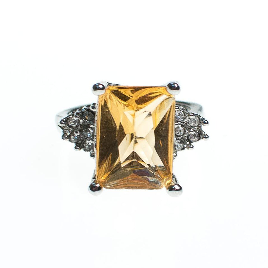 Vintage Yellow Citrine Emerald Cut Cocktail Ring with Diamante Accents by Vintage Meet Modern - Vintage Meet Modern Vintage Jewelry - Chicago, Illinois - #oldhollywoodglamour #vintagemeetmodern #designervintage #jewelrybox #antiquejewelry #vintagejewelry