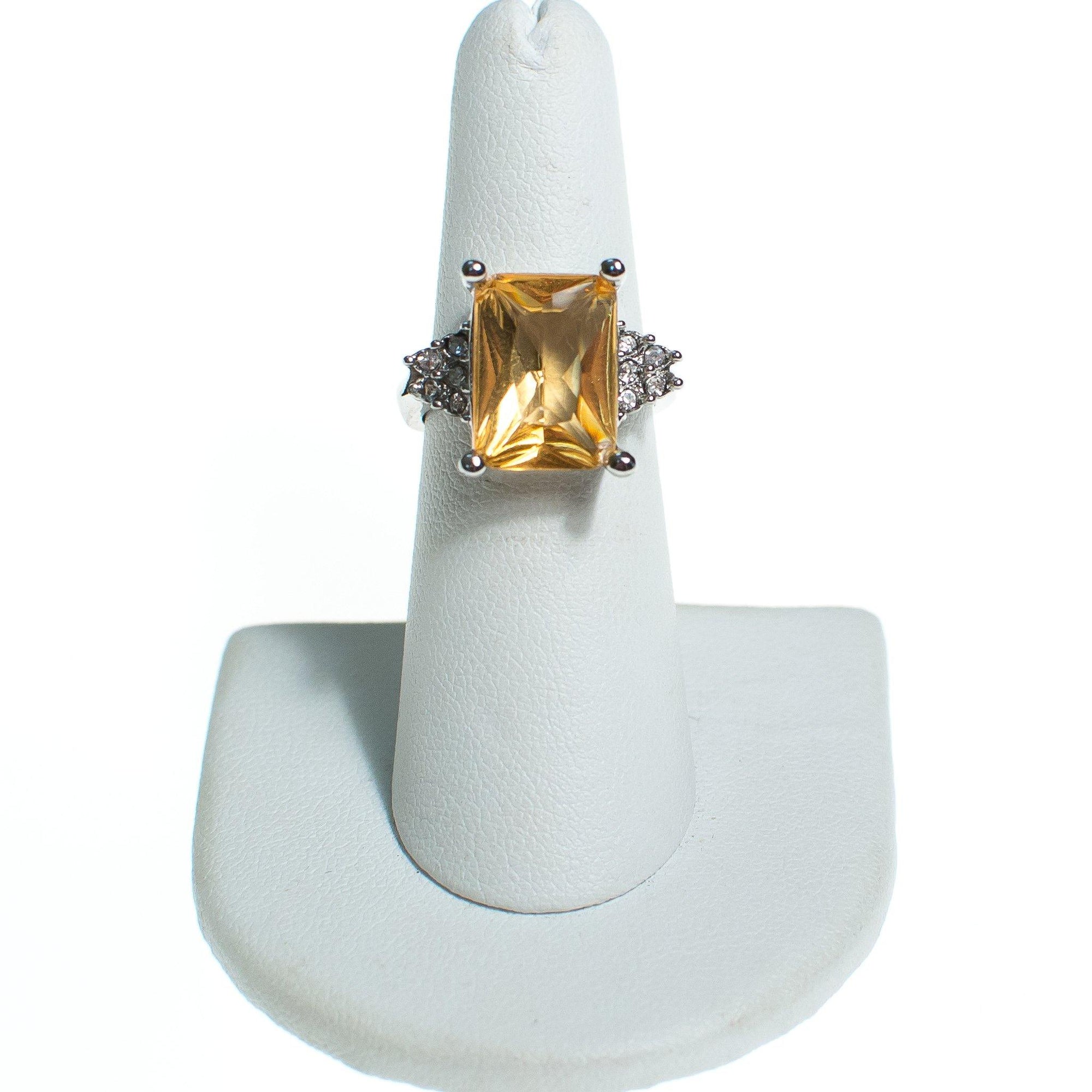 Vintage Yellow Citrine Emerald Cut Cocktail Ring with Diamante Accents by Vintage Meet Modern - Vintage Meet Modern Vintage Jewelry - Chicago, Illinois - #oldhollywoodglamour #vintagemeetmodern #designervintage #jewelrybox #antiquejewelry #vintagejewelry