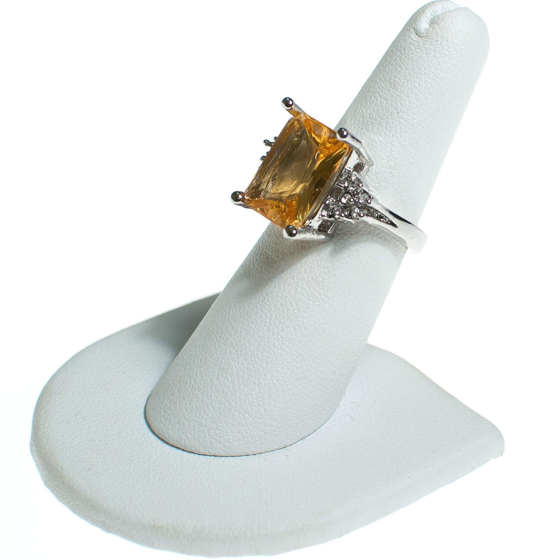 Vintage Yellow Citrine Emerald Cut Cocktail Ring with Diamante Accents by Vintage Meet Modern - Vintage Meet Modern Vintage Jewelry - Chicago, Illinois - #oldhollywoodglamour #vintagemeetmodern #designervintage #jewelrybox #antiquejewelry #vintagejewelry