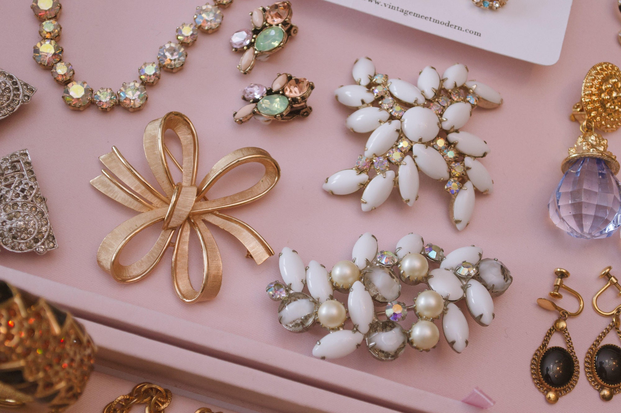 Milk Glass, Faux Pearls, and Aurora Borealis Rhinestone Brooch by 1950s - Vintage Meet Modern Vintage Jewelry - Chicago, Illinois - #oldhollywoodglamour #vintagemeetmodern #designervintage #jewelrybox #antiquejewelry #vintagejewelry